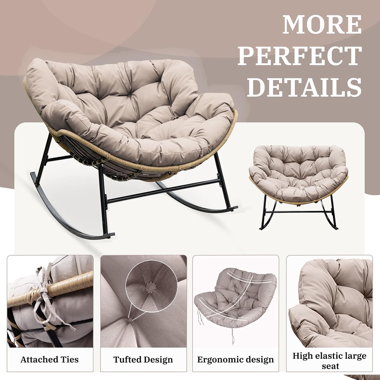 Outdoor Papasan Chair Cushion, 6.3in Rocking Chairs Cushion, Waterproof Patio Egg Chair Cushions for Indoor Outdoor Garden, Porch, Balcony (Khaki)