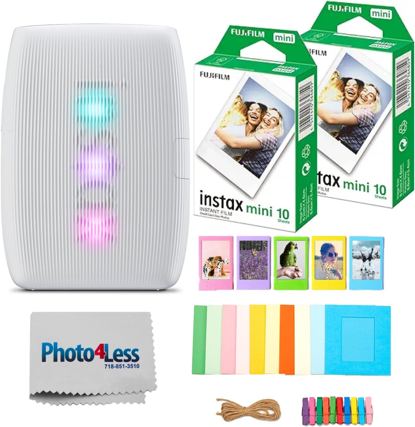 FUJIFILM INSTAX Mini Link 3 Smartphone Printer Bundle with Fujifilm Instax Mini Film (20 Sheets), Hanging Photo Frames, Table top Photo Frame for Mini Film (Clay White)