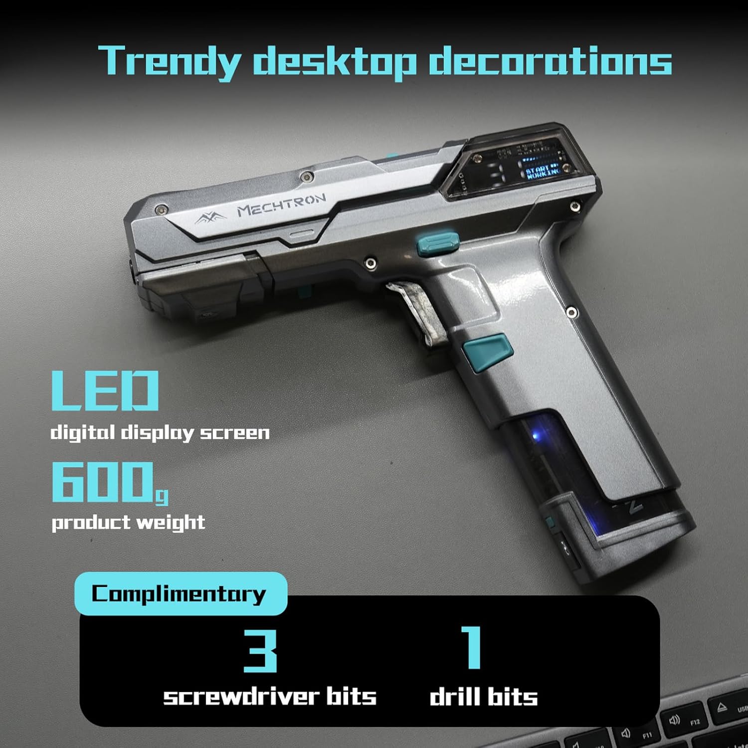 Cyberpunk Gun-Shaped AI Smart 8V Dual-Speed Hammer Drill, Cool Gadget Gifts for Men, Boyfriend, Husband, Dad, Boss, Gamers, Tech Lovers (Silver, 8-Piece Accessory Kit)