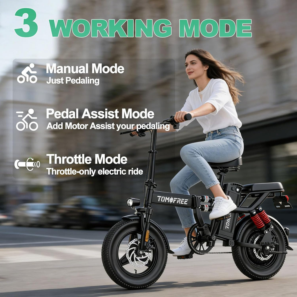 Tomofree Folding Electric Bike for Adults 20MPH Peak 750W EBike, 48V 20AH Removable Battery for Electric Bicycles,35-75Miles PAS Range, 10 Shock Absorbers, 14'' Fat Tire Foldable E-Bike, PAS E Bike