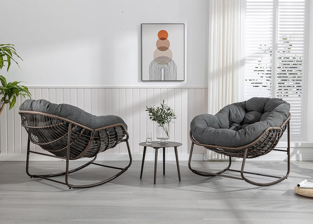 Outdoor Rocking Chair Set of 2, Patio Oversized Wicker Egg Rocking Chair, Indoor & Outdoor Comfy Rocker Chair with Thick Cushion, Modern Lounge Chair for Balcony, Porch, Garden, Backyard, Deck, Grey