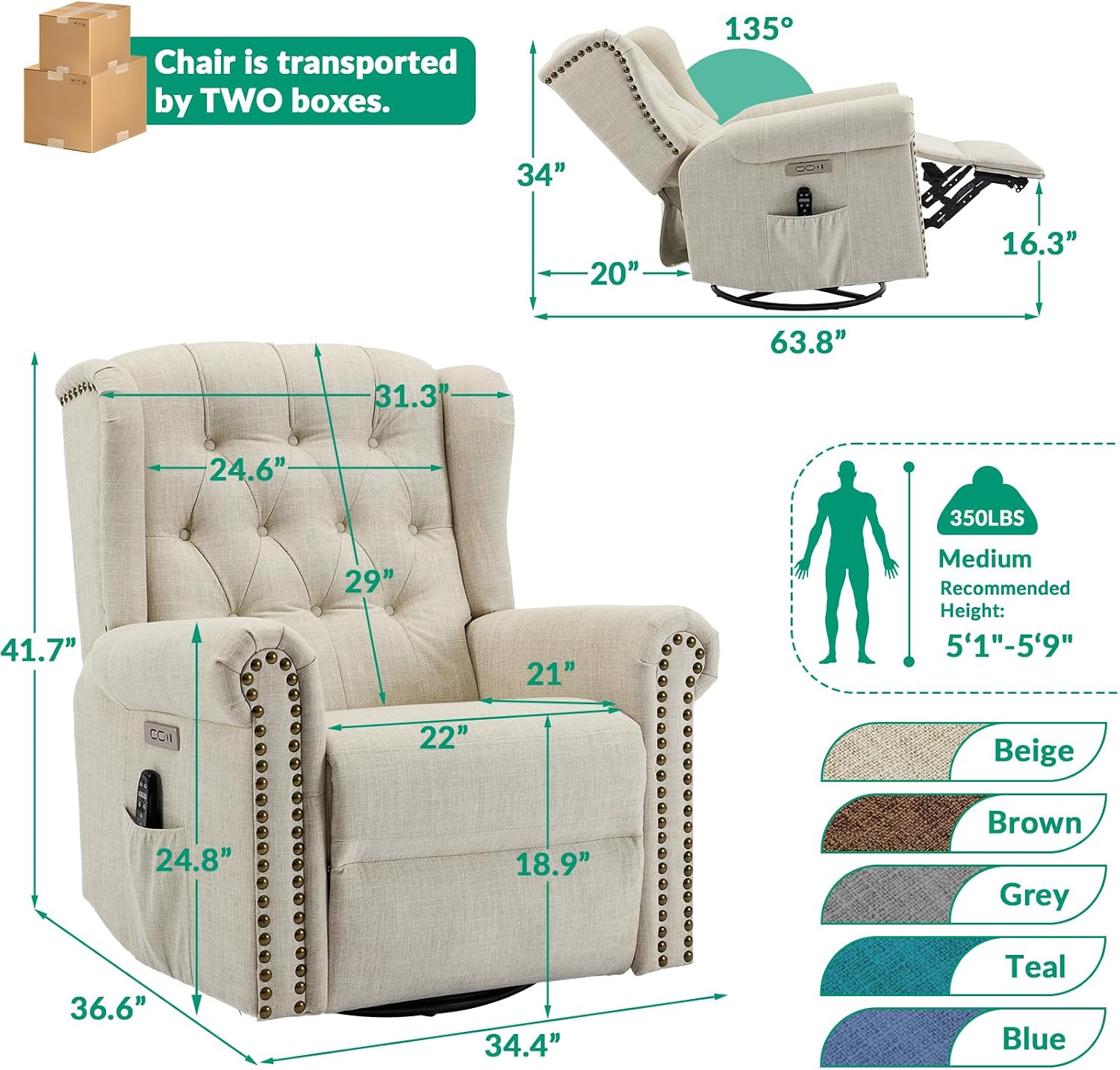 VIVIJASON Power Swivel Rocking Recliner Chair with Massage & Heat, Electric Rocker Nursery Glider Chair, Wingback Tufted Upholstered Recliner W/Type-C & USB Ports for Living Room, Bedroom, Beige