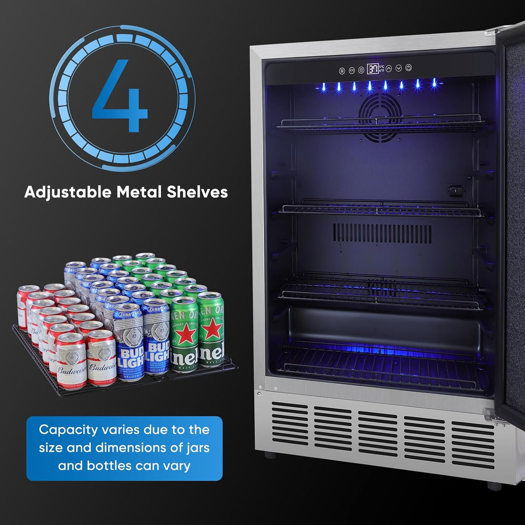 24 Inch Outdoor Beverage Refrigerator, Stainless Steel Beverage Fridge 180 Can Under Counter Built-in/Freestanding, Waterproof, Fast Cooling, Low Noise - Outdoor Refrigerator for Home and Patio