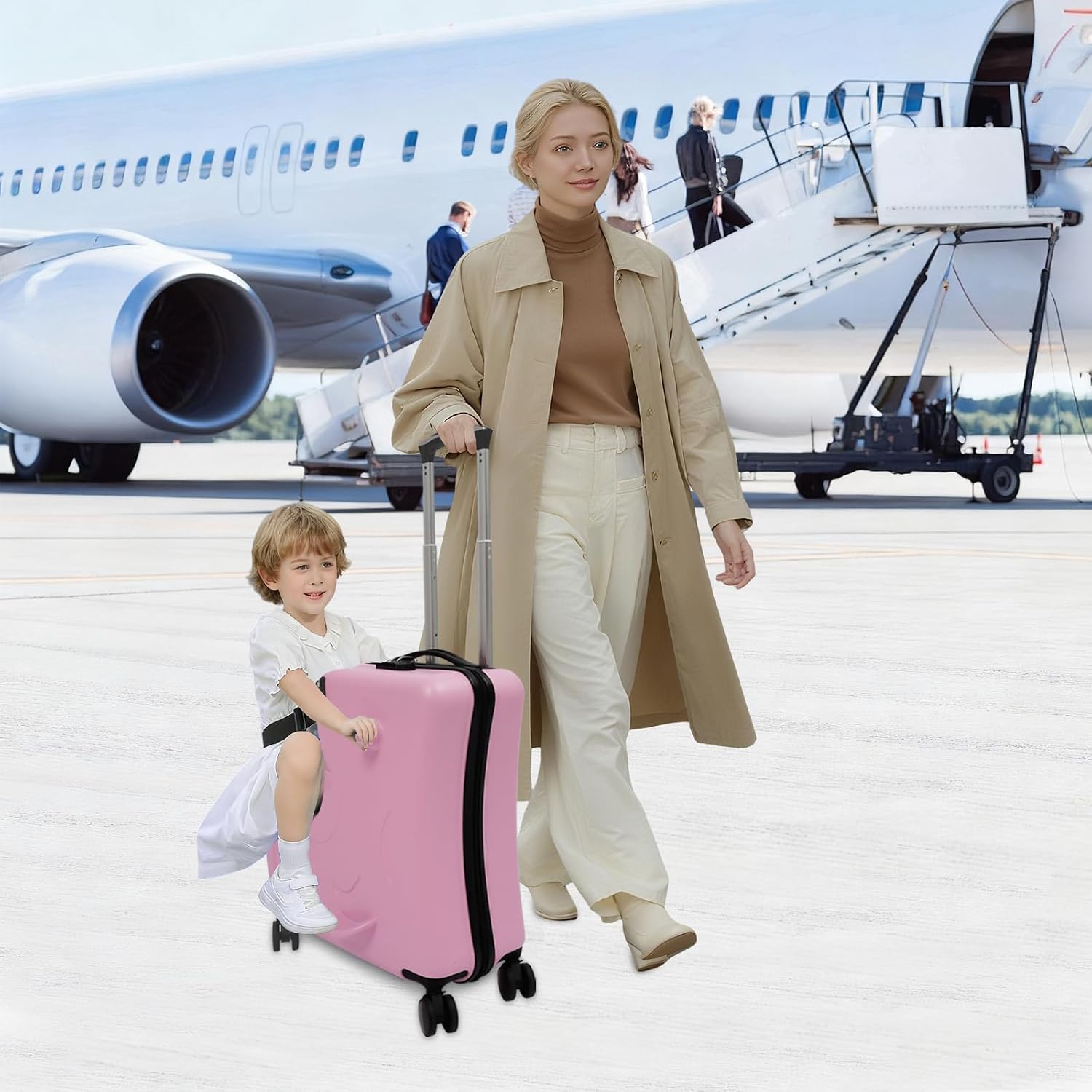 20 inch Ridable Double-Wheel Pink Trolley Luggage Case, Ride on Suitcase with Spinner Wheels Seat & Safety Belt, Hardside Rolling Luggage for Travel