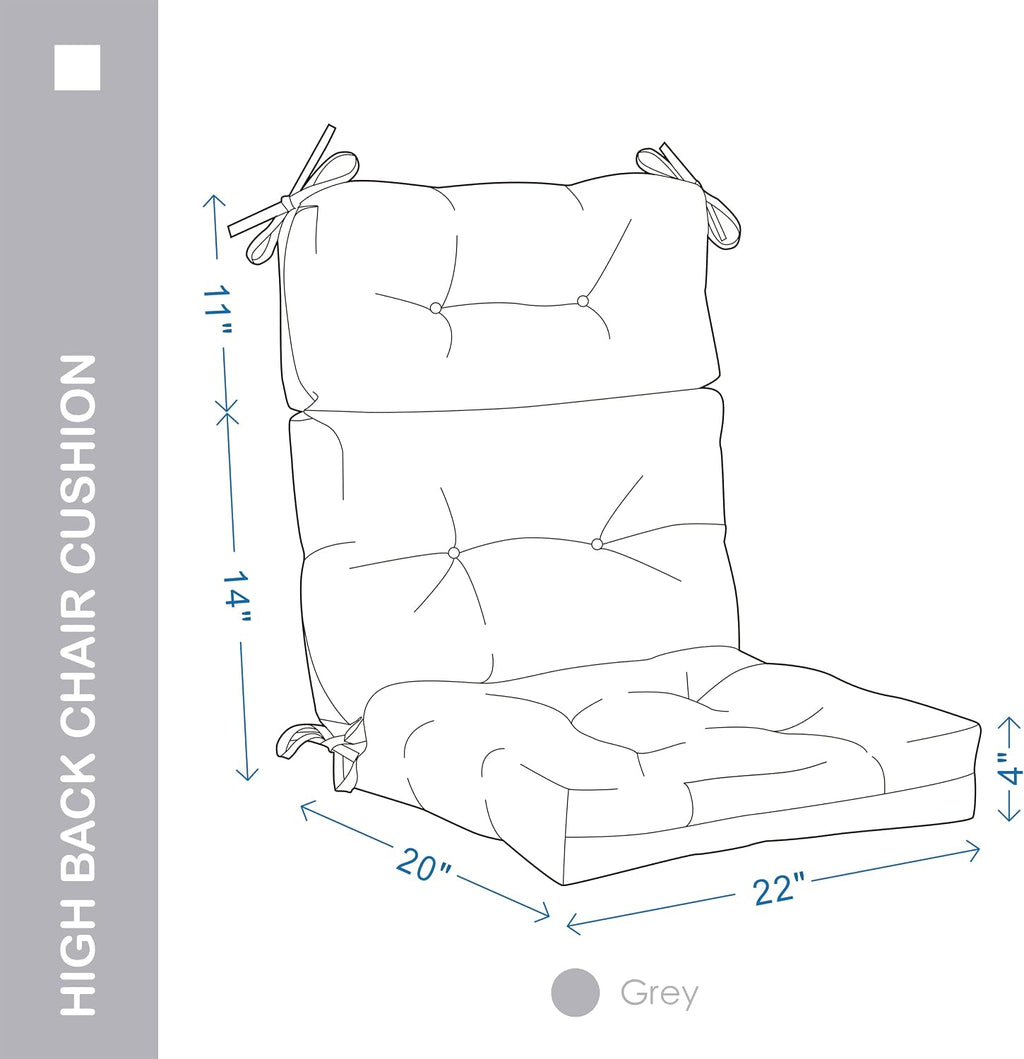 Outdoor Indoor High Back Chair Cushions Set of 4,Waterproof All-Weather Patio Adirondack Rocking Chair Cushions,Seat Back Chair Cushion for Outdoor Furniture with Ties,45x22 Inch, Grey