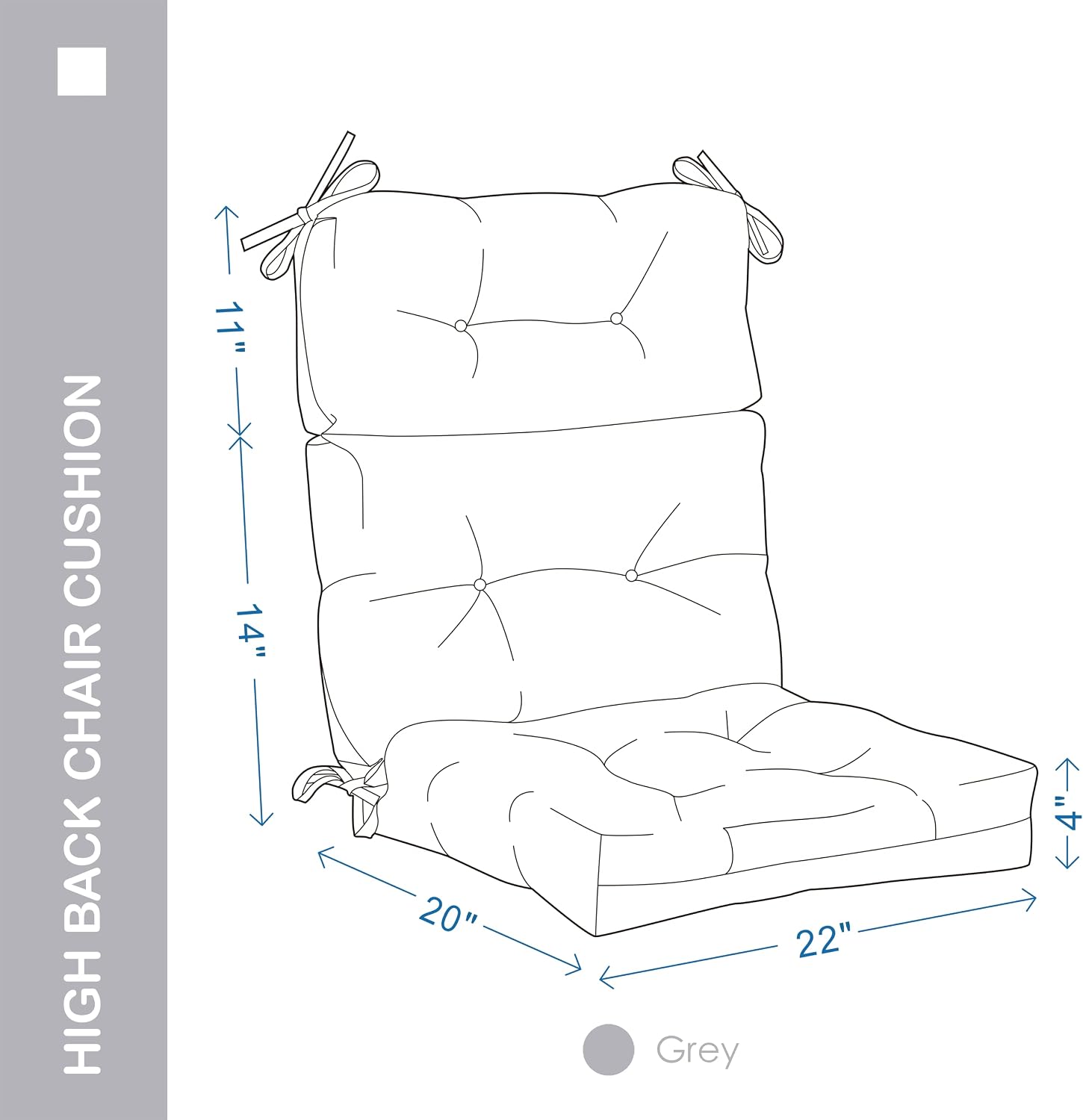 Outdoor Indoor High Back Chair Cushions Set of 4,Waterproof All-Weather Patio Adirondack Rocking Chair Cushions,Seat Back Chair Cushion for Outdoor Furniture with Ties,45x22 Inch, Grey