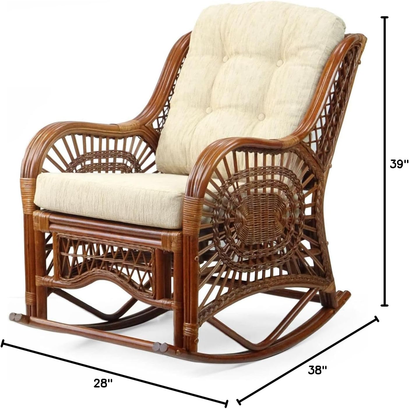 Malibu Rocking Handmade Lounge Chair ECO Natural Wicker Rattan Colonial Color with Cream Cushion, Indoor ONLY
