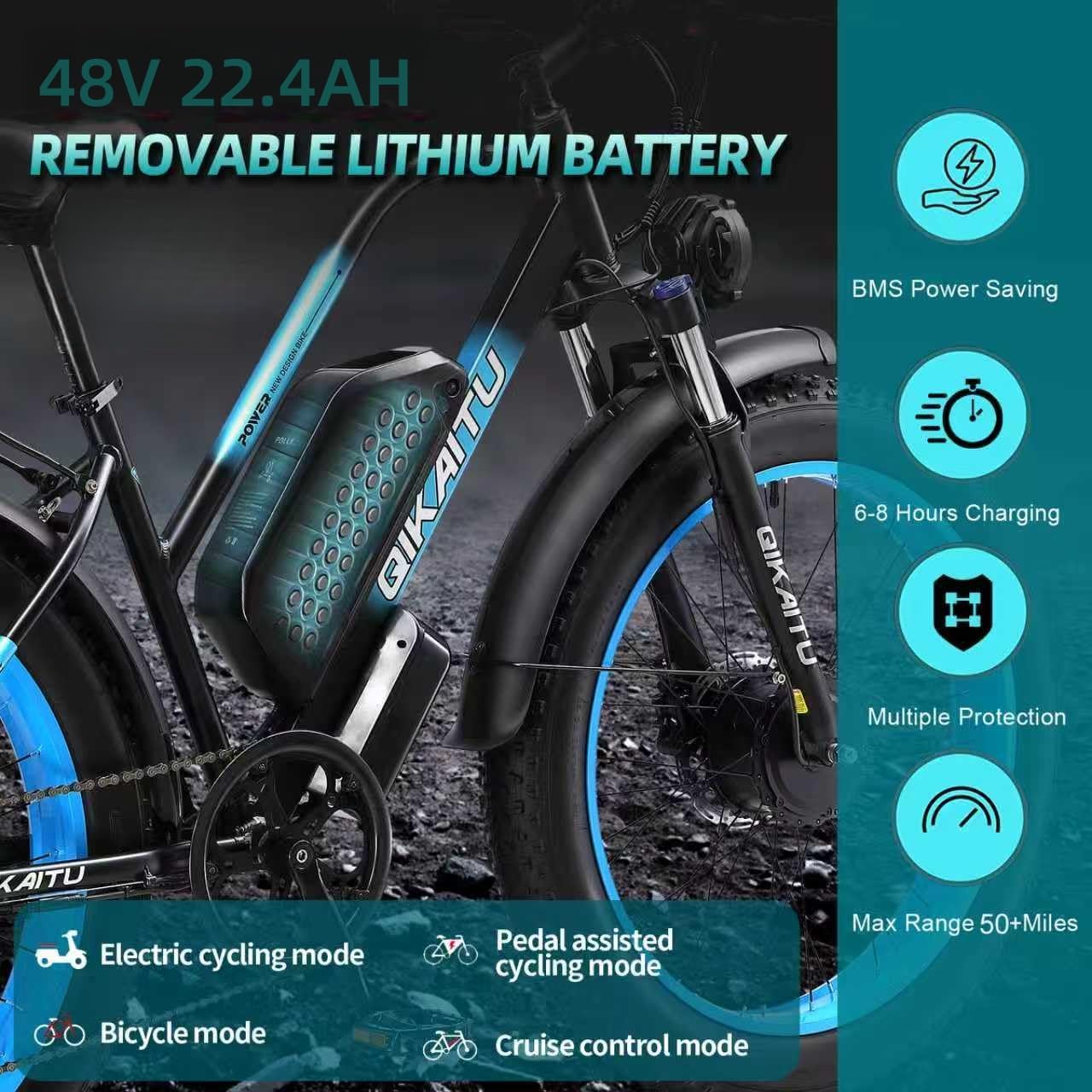 Electric Bike Peak 2000W Motor, UL Certified, 48V 22.4AH Removable Battery, 24' Fat Tire Ebikie All-Terrain, Aluminum Frame, Dual Hydraulic Suspension.LCD Display