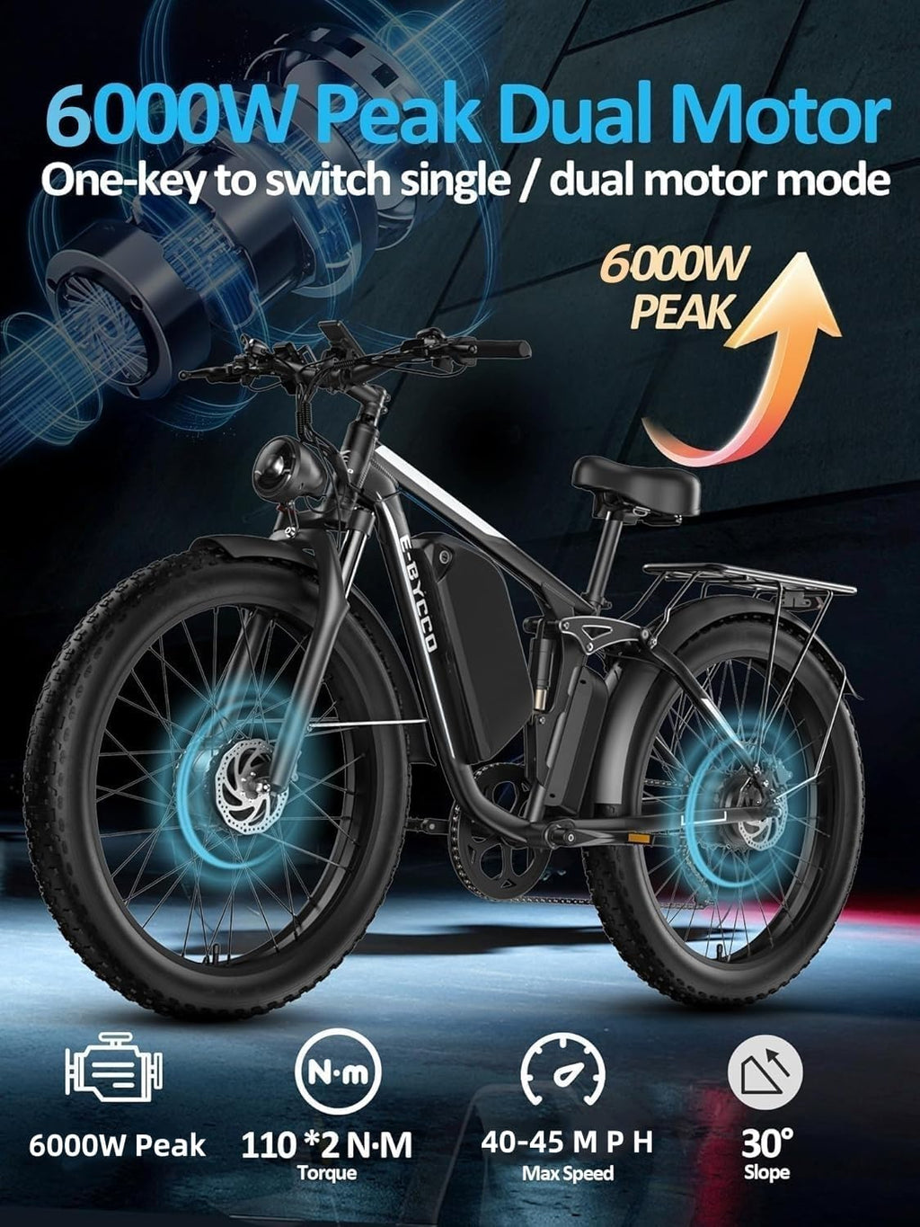6000W Peak Electric Bike for Adults, 52V 32AH Dual Motor E-Bike, Up to 90Mile & 45 M P H All-Terrain Fat Tires Full Suspension 24/26 Inch Electric Bicycles Hydraulic Disc Brake for Road UL2849 by SGS