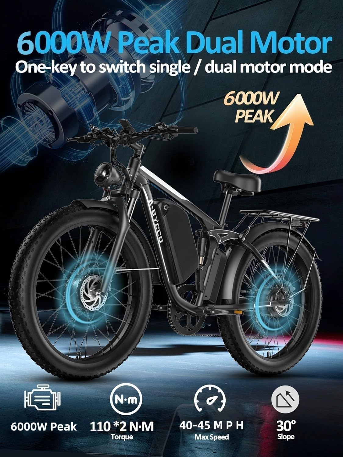 6000W Peak Electric Bike for Adults, 52V 32AH Dual Motor E-Bike, Up to 90Mile & 45 M P H All-Terrain Fat Tires Full Suspension 24/26 Inch Electric Bicycles Hydraulic Disc Brake for Road UL2849 by SGS