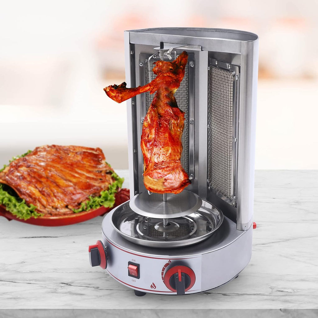 Gas Shawarma Machine Commercial Shawarma Rotisserie, LPG Gyro Machine Gas Vertical Broiler, Countertop Gyro Grill 360° Rotating Doner Kebab Machine Commercial Shawarma Grill w/ 2 Burners