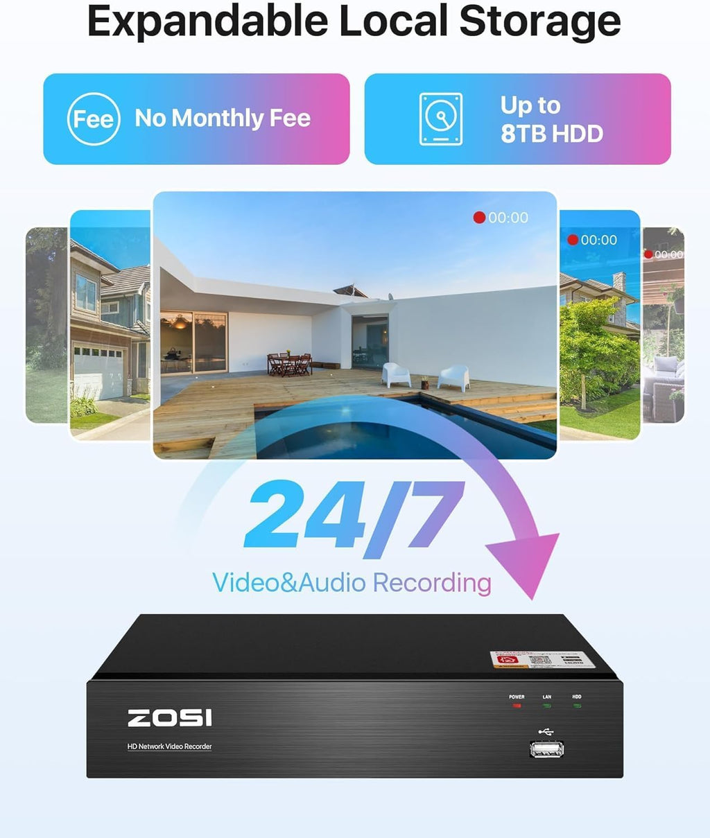 ZOSI 8CH 4K PoE Home Security Camera System with 2TB HDD,8pcs 5MP Weatherproof Outdoor Indoor IP Cameras,Night Vision,Motion Detection,Remote Access,8MP 8 Ports 16CH NVR Recorder for 24/7 Recording