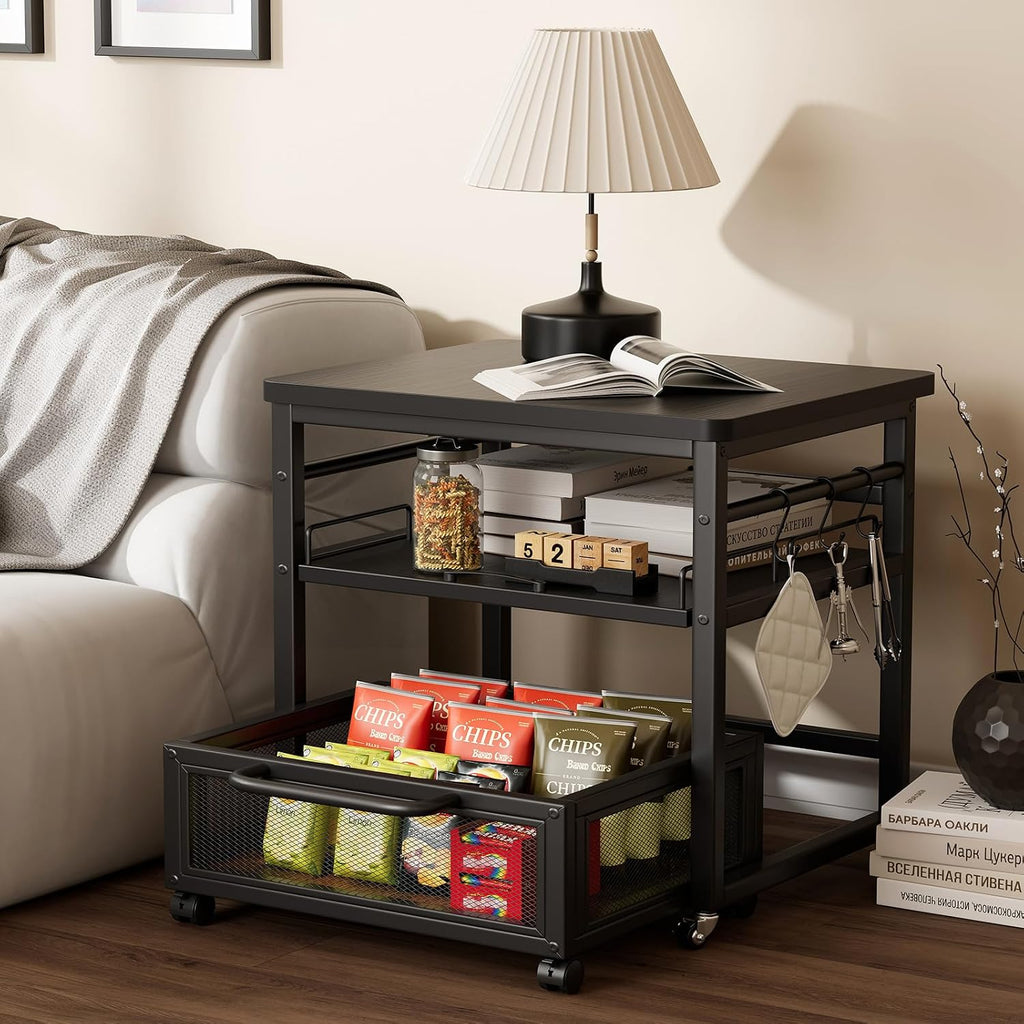 DDJ Mini Fridge Stand with Storage, 21 x 21 in Heavy Duty Mini Fridge Table with Pull-out Shelf and Lockable Wheels, Compact Refrigerator Stand with Drawer Basket for Home Office, Black