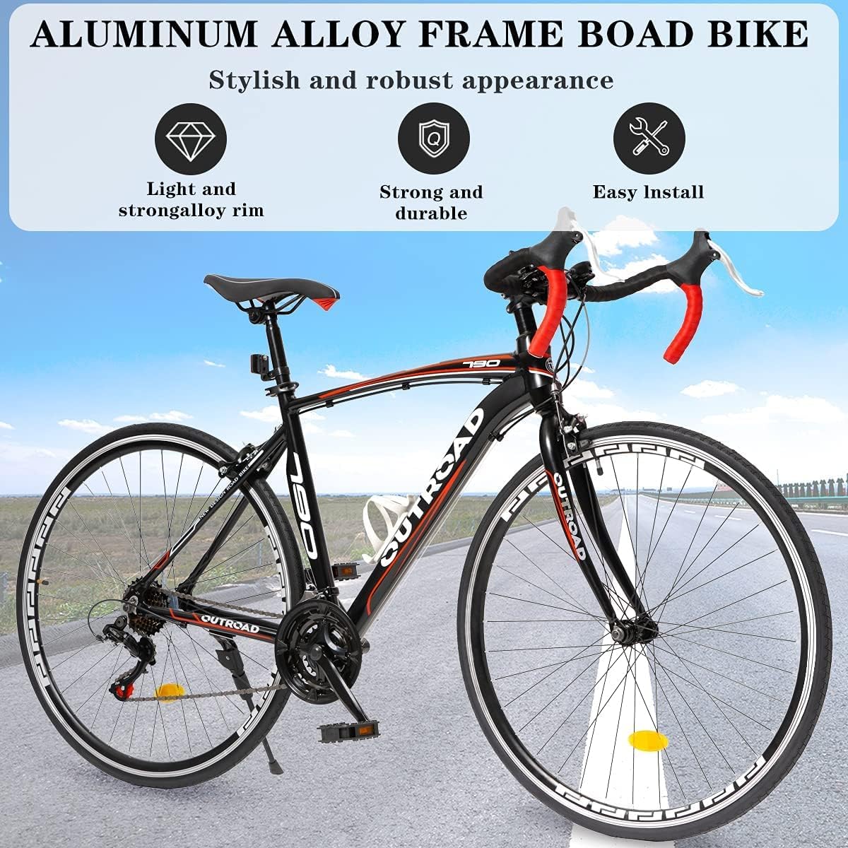 700C Wheel 21/14 Speed Road Bike with Light Weight Aluminum Alloy Frame, Commuter Bicycle with Dual Disc Brakes for Men and Women, Adult Faster Racing Bike, Red/Blue