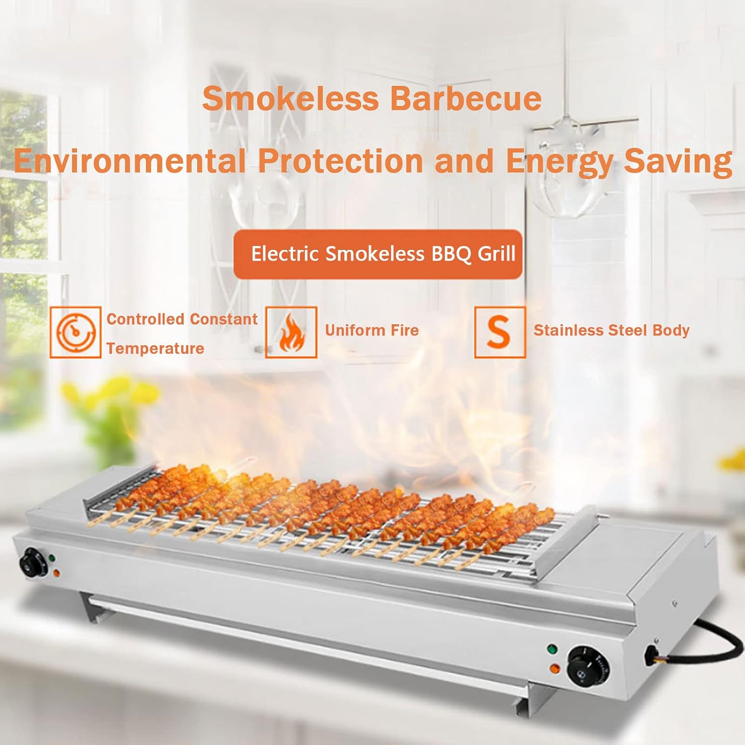 Smokeless Electric Portable BBQ Kebab Grill, Healthy Electric Grill with Adjustable Temperature and Drip Tray, Indoor and Outdoor Tabletop Grill (Eb 220)