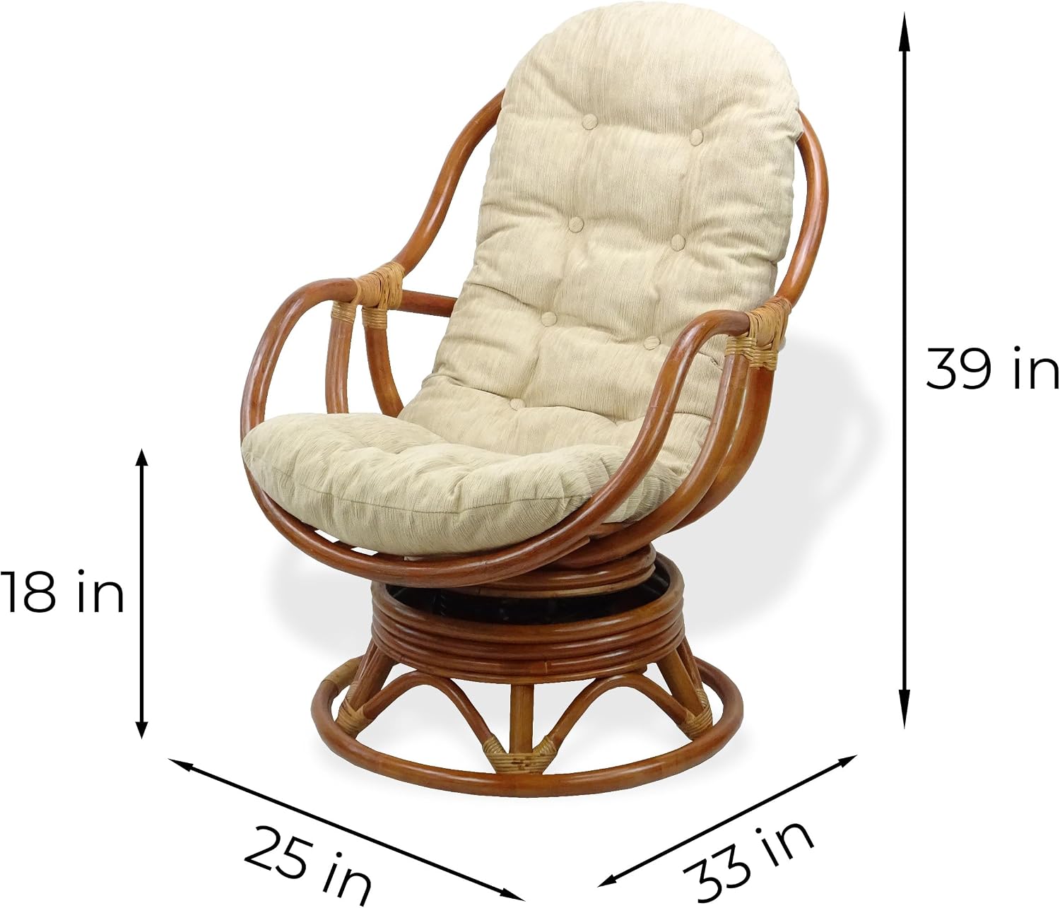 Bali Lounge Swivel Rocking Chair with Cream Cushion Natural Rattan Wicker Handmade, Colonial