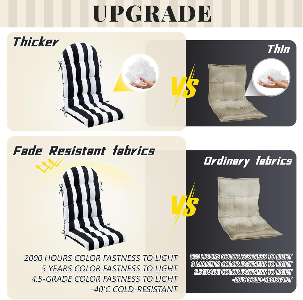 Geelin 4 Pcs Outdoor Patio Chair Cushion Thick High Back Adirondack Chair Cushion Tufted Weather & Fade Resistant Anti-Slip Outside Rocking Chairs Pads with Ties, 44 x 19 x 4 Inch (Black White Stripe)