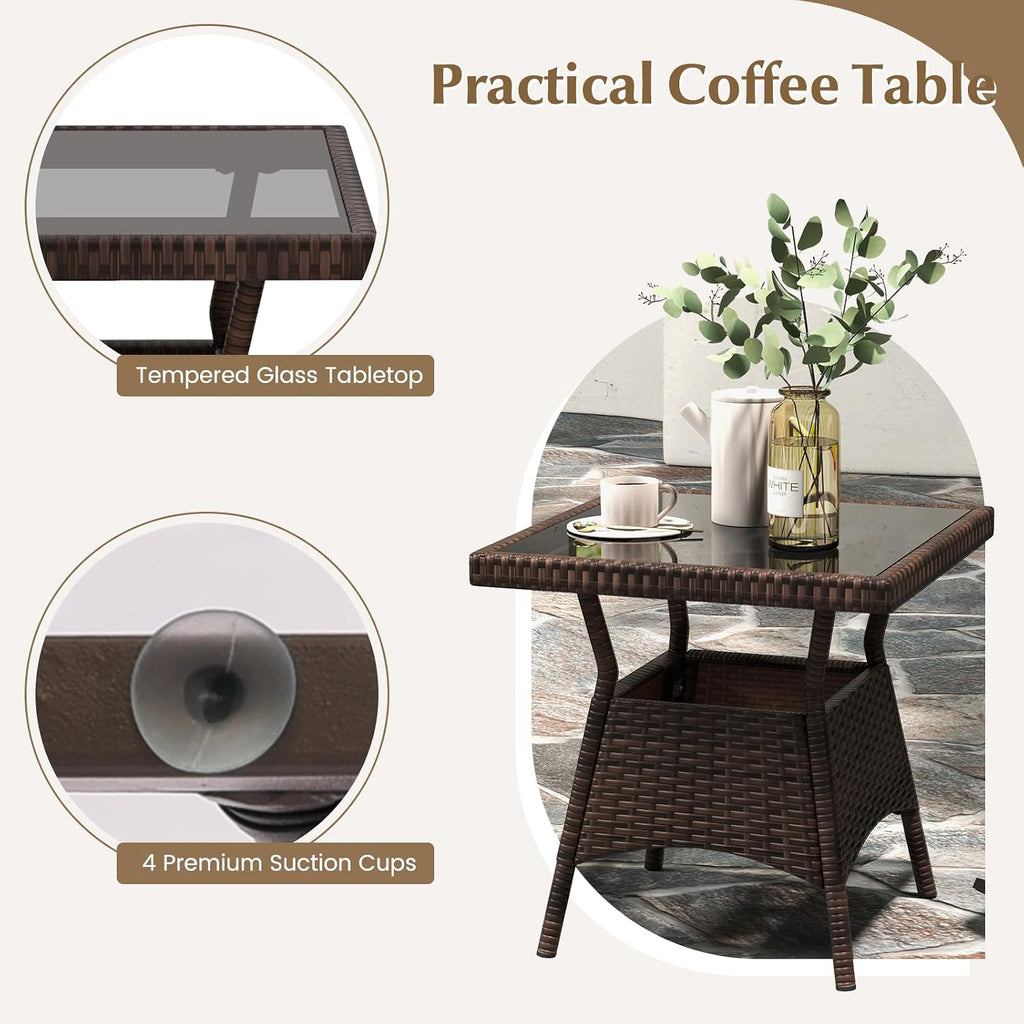 Tangkula 3 Pieces Rocking Bistro Set, Patiojoy Outdoor PE Rattan Rocker Chairs with Removable Cushions & Tempered Glass Top Coffee Table, Outdoor Wicker Furniture Set for Porch, Garden (Brown)