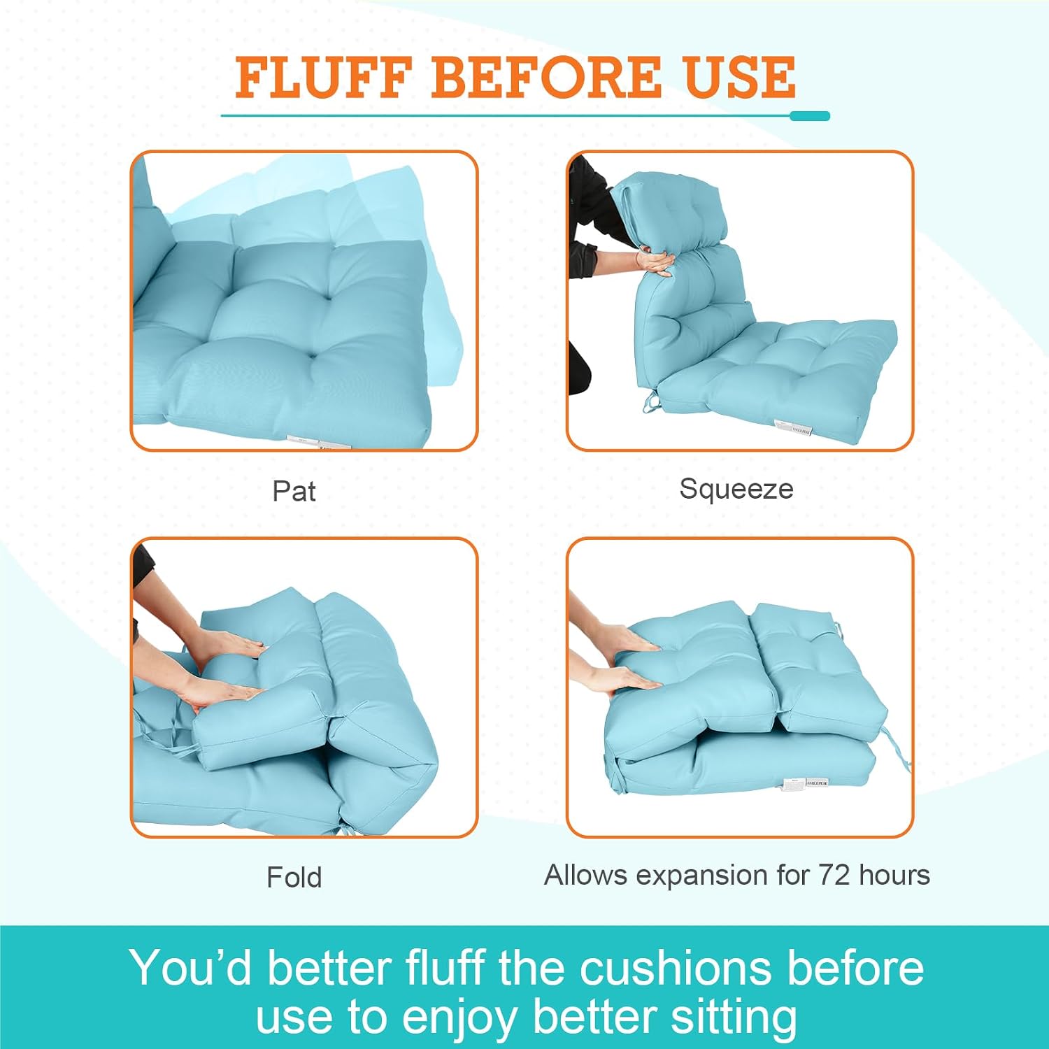 EAGLE PEAK Tufted Outdoor/Indoor High Back Patio Chair Cushions, Set of 2, 46'' x 22'', Aqua Blue