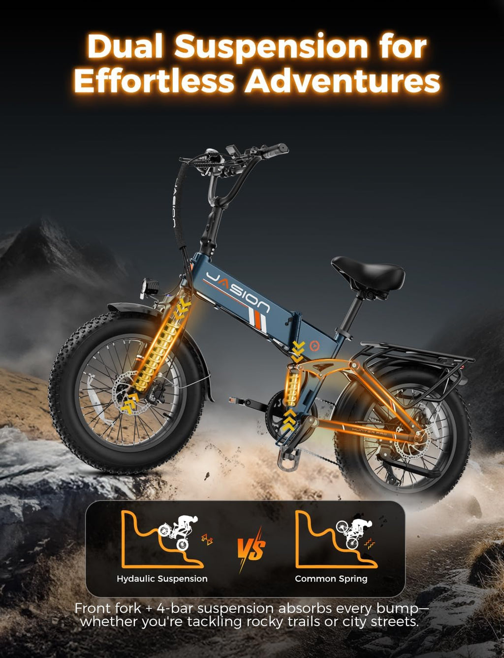 Jasion Hunter Pro Electric Bike for Adults,1800W Peak Motor 80 Miles,up to 28MPH,720WH Removable Battery Foldable Ebike,App Control & Full Suspension,20''*4.0 Fat Tire,Dual Hydraulic Brakes Bicycle