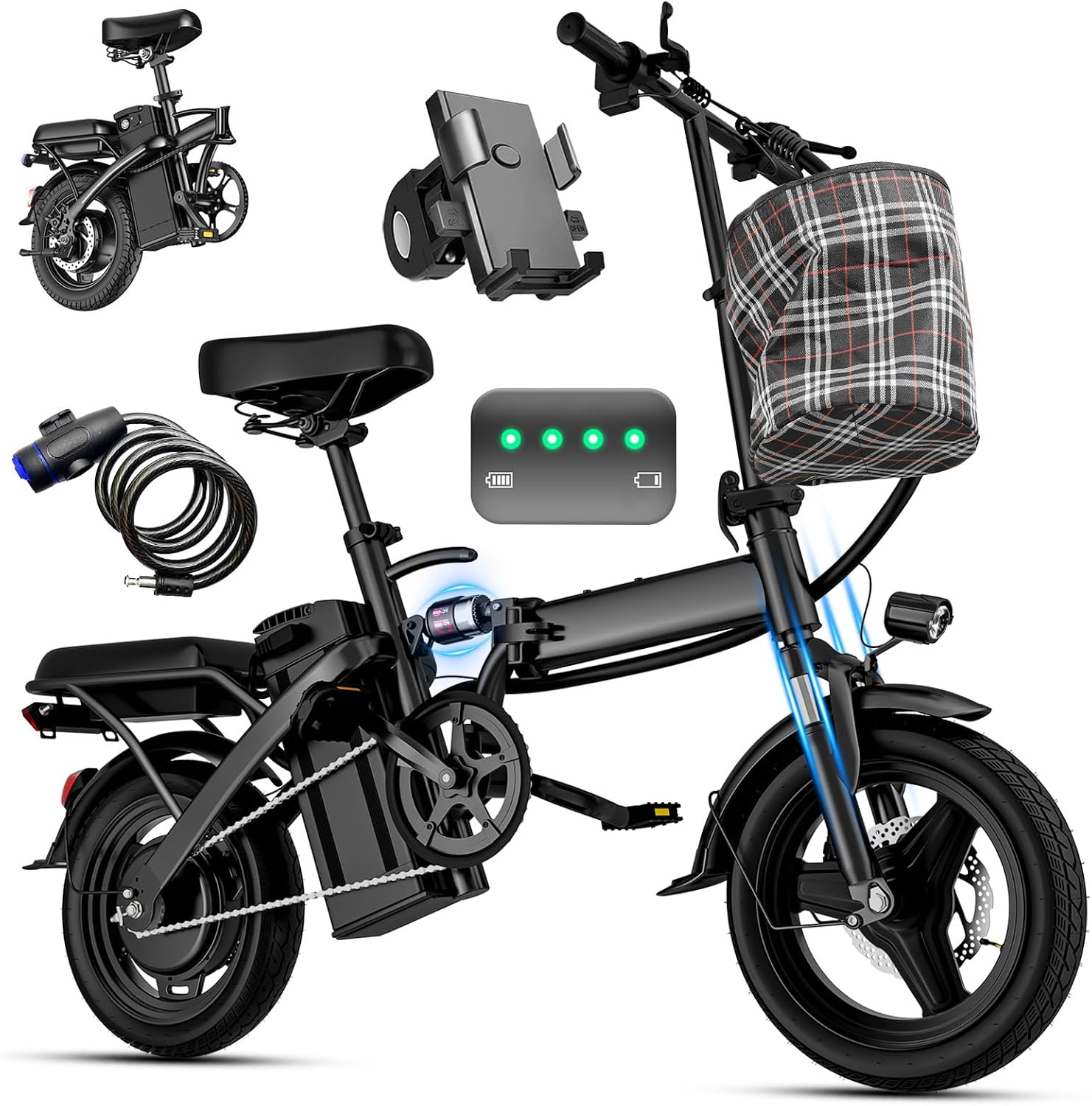 Electric Bike for Adults and Teens, 560W Motor 24MPH 14' Mini Commuter Ebike, 48V 10Ah Battery, 32 Miles Range, 3 Shock Absorbers, Foldable Electric Bicycles with UL 2849 Certification