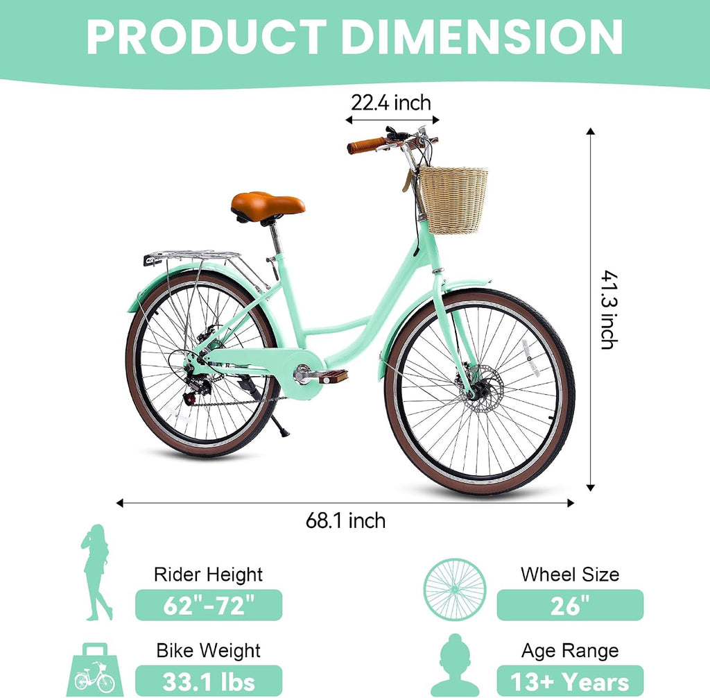 DEYGIA Beach Cruiser Bike for Women, 24 26 inch 7 Speed Commute Bike for Adults, Womens Bicycle with Ratten Basket and Adjustable Seat, Lightweight Step Through Bike for Adults Women Ladies