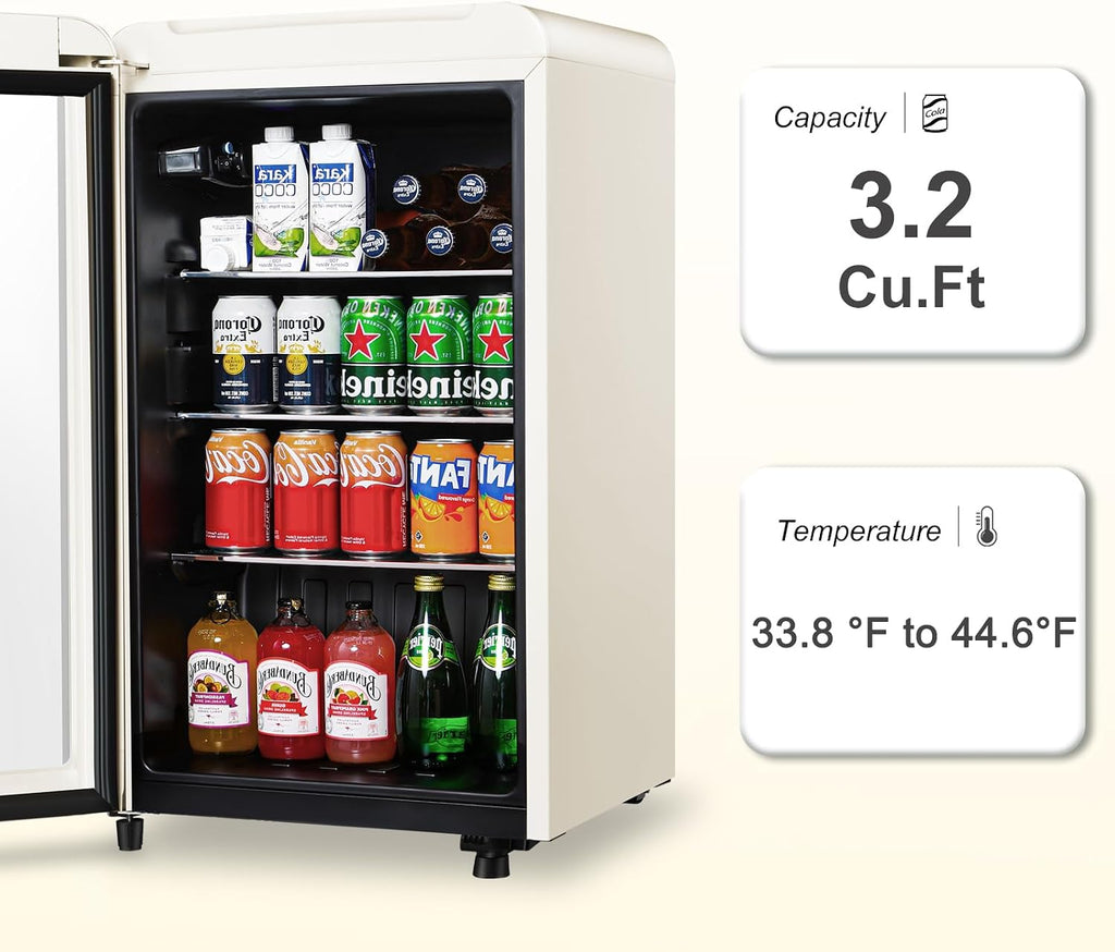 Retro Beverage Refrigerator, 3.2 Cu.Ft Mini Fridge with Glass Door, Vintage Freestanding Drink Cooler for Office, Bar, Home, Adjustable Shelving, Adjustable Thermostat (White)