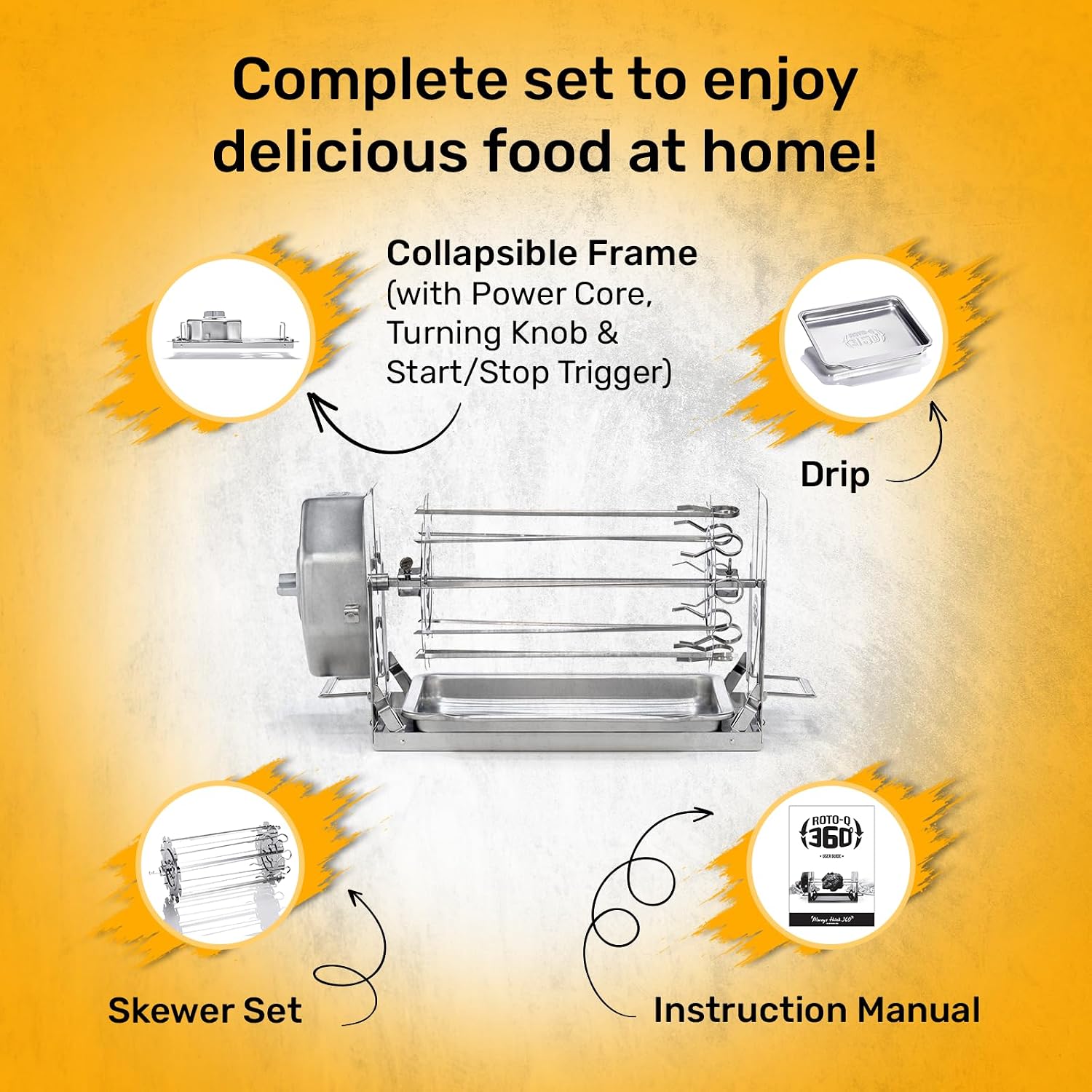 ROTO-Q 360 Non-Electric Rotisserie Kit with 10-Piece Skewer Set - Cordless Spit Roaster for Grills, Ovens, Smokers, BBQs - Indoor & Outdoor Cooking (Black)