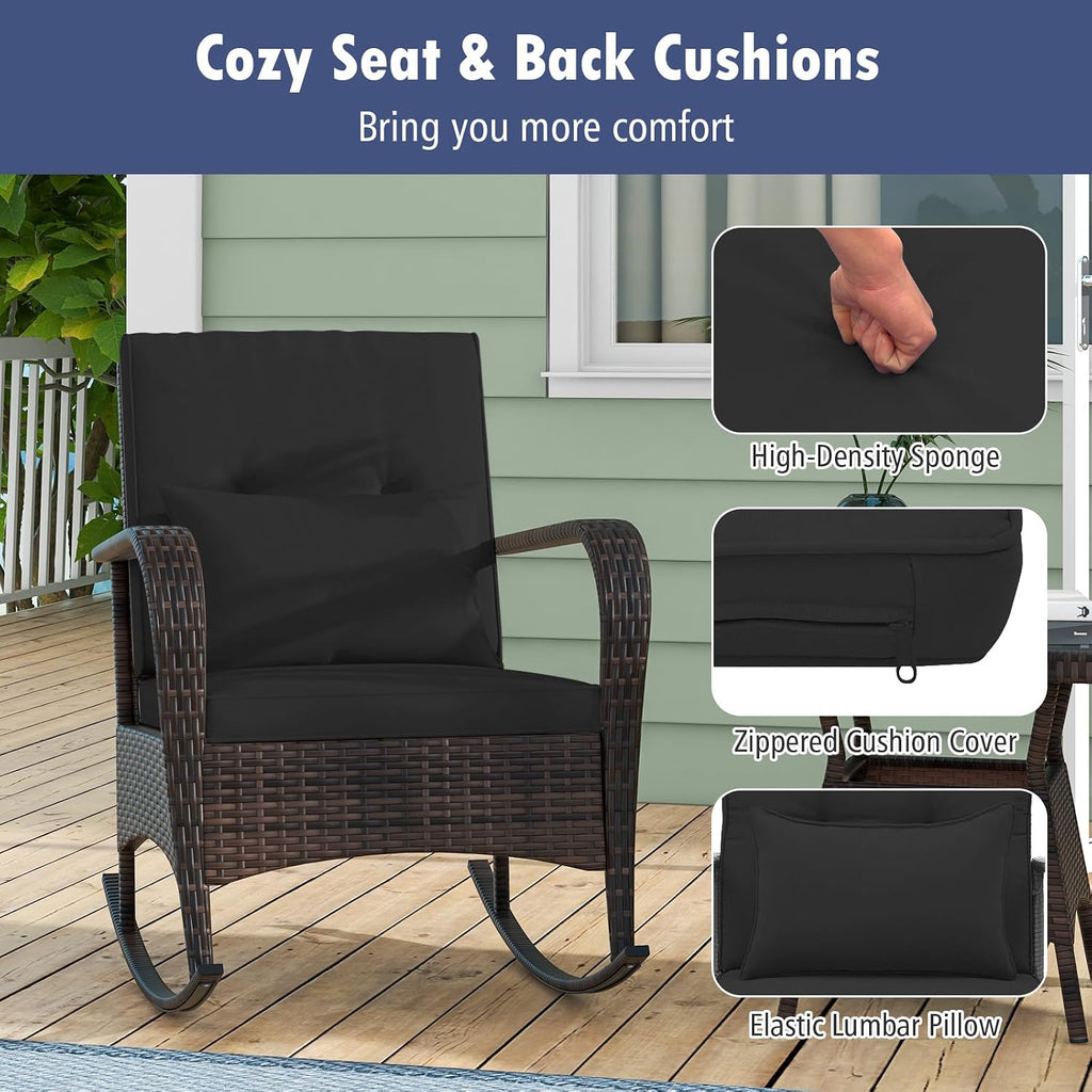 Tangkula 3 Pieces Rocking Bistro Set, Patiojoy Outdoor PE Rattan Rocker Chairs with Removable Cushions & Tempered Glass Top Coffee Table, Outdoor Wicker Furniture Set for Porch, Garden (Black)