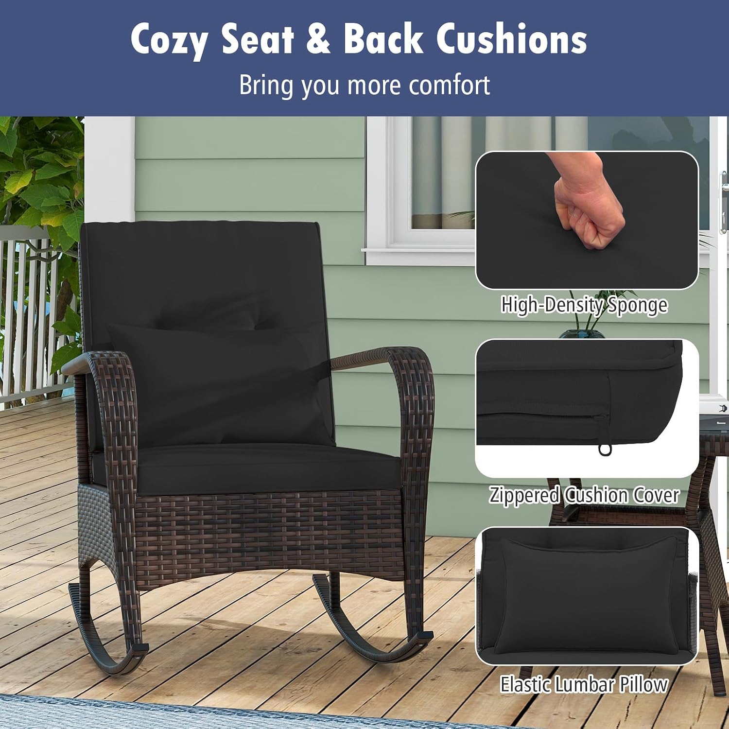 Tangkula 3 Pieces Rocking Bistro Set, Patiojoy Outdoor PE Rattan Rocker Chairs with Removable Cushions & Tempered Glass Top Coffee Table, Outdoor Wicker Furniture Set for Porch, Garden (Black)