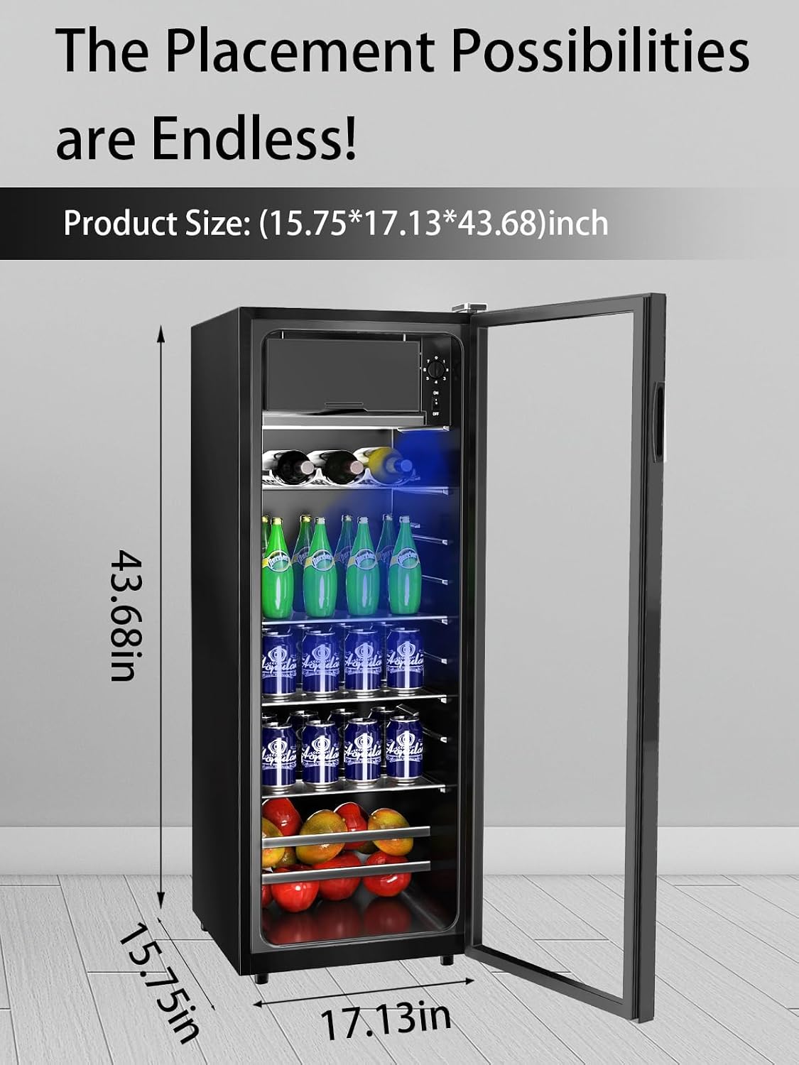KRIB BLING Beverage Refrigerator with Freezer 180 Can Freestanding Beverage Cooler with Adjustable Shelving Glass Door for Beer Soda or Wine Perfect for Home Office or Bar Black (KB03-FLB-120)