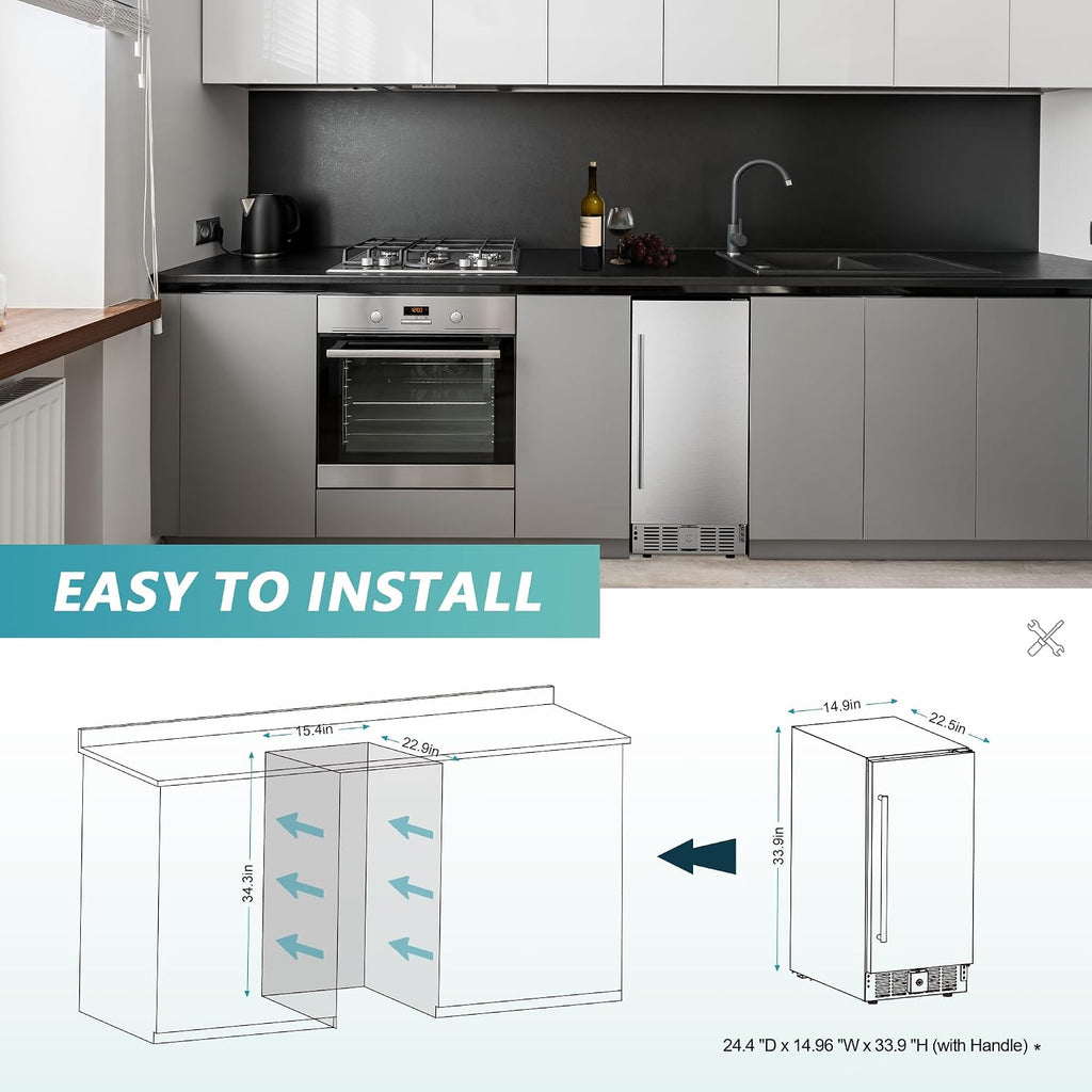 EUHOMY Beverage Refrigerator 15 Inch, Under Counter 127 Can Beverage Fridge with Stainless Steel Door, Beverage Cooler Built-in and Undercounter Drink Fridge - Soda Cola