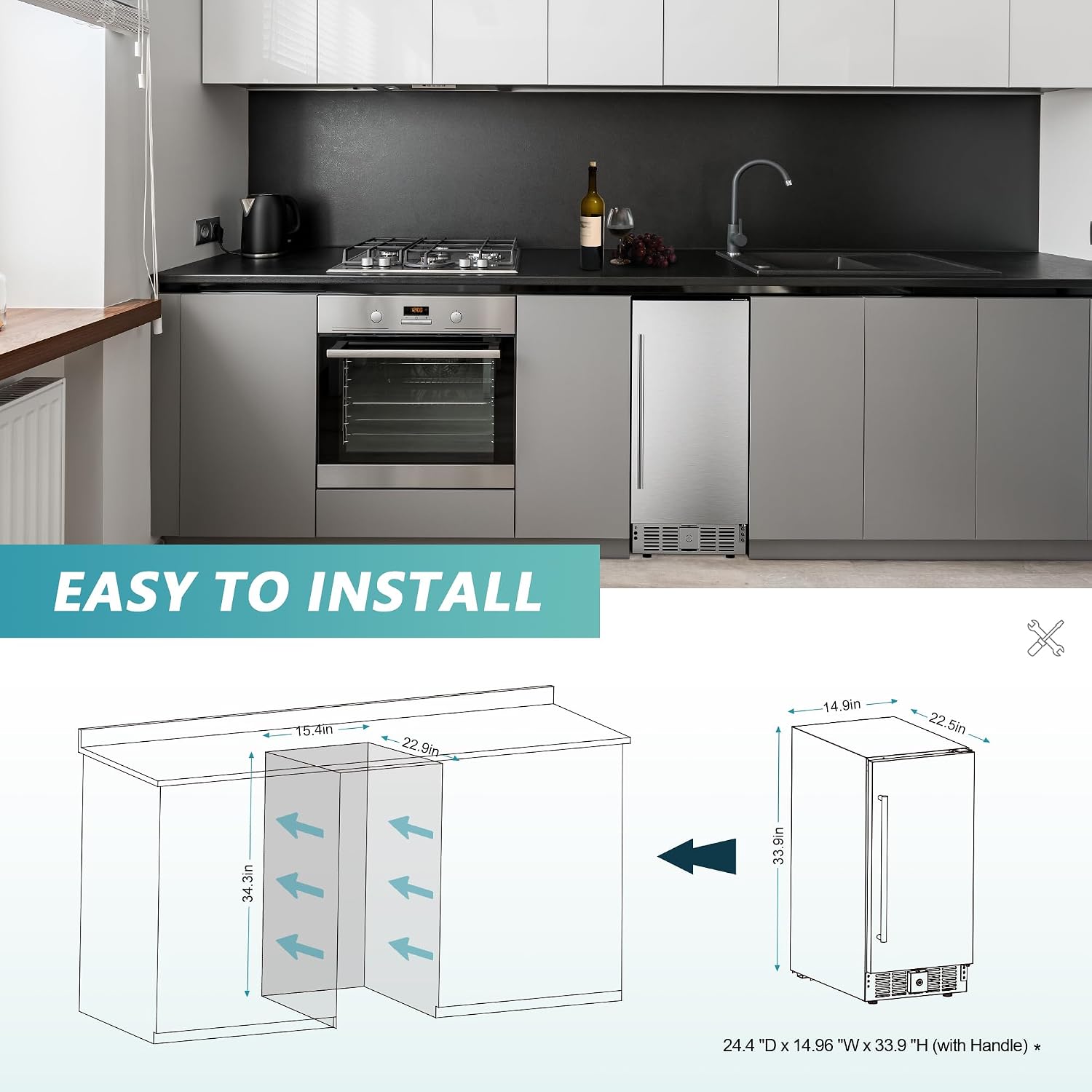 EUHOMY Beverage Refrigerator 15 Inch, Under Counter 127 Can Beverage Fridge with Stainless Steel Door, Beverage Cooler Built-in and Undercounter Drink Fridge - Soda Cola