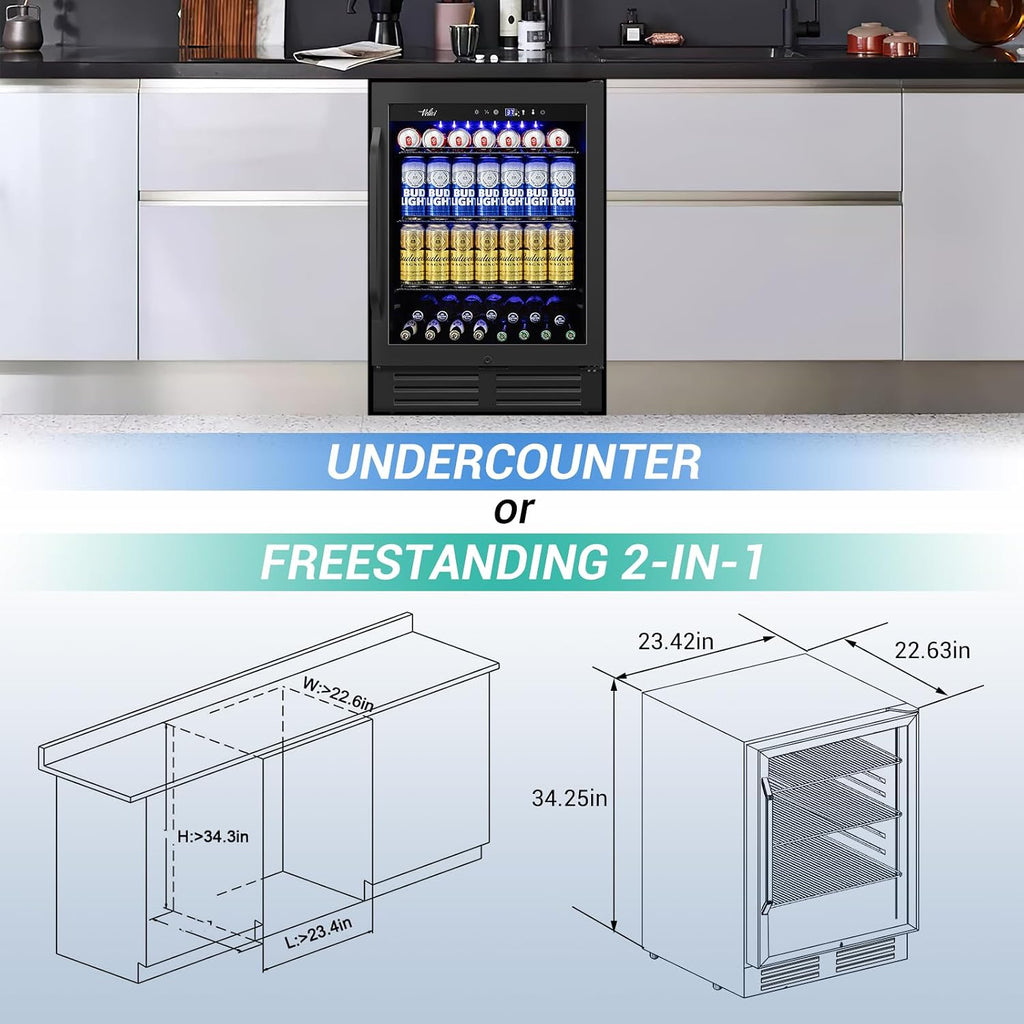 Velivi 24 Inch Beverage Refrigerator Under Counter, 24' Space Built-In Beer and Drink Fridge with Glass Door for Soda, Water, and Milk - For Kitchen, Bar or Office