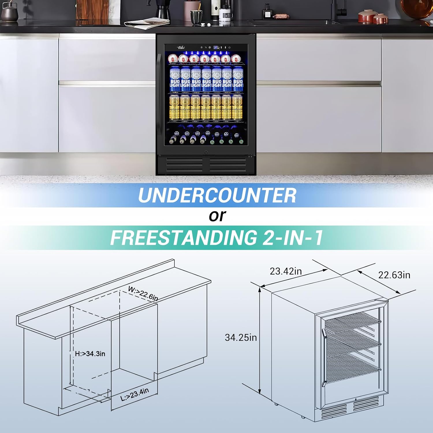 Velivi 24 Inch Beverage Refrigerator Under Counter, 24' Space Built-In Beer and Drink Fridge with Glass Door for Soda, Water, and Milk - For Kitchen, Bar or Office