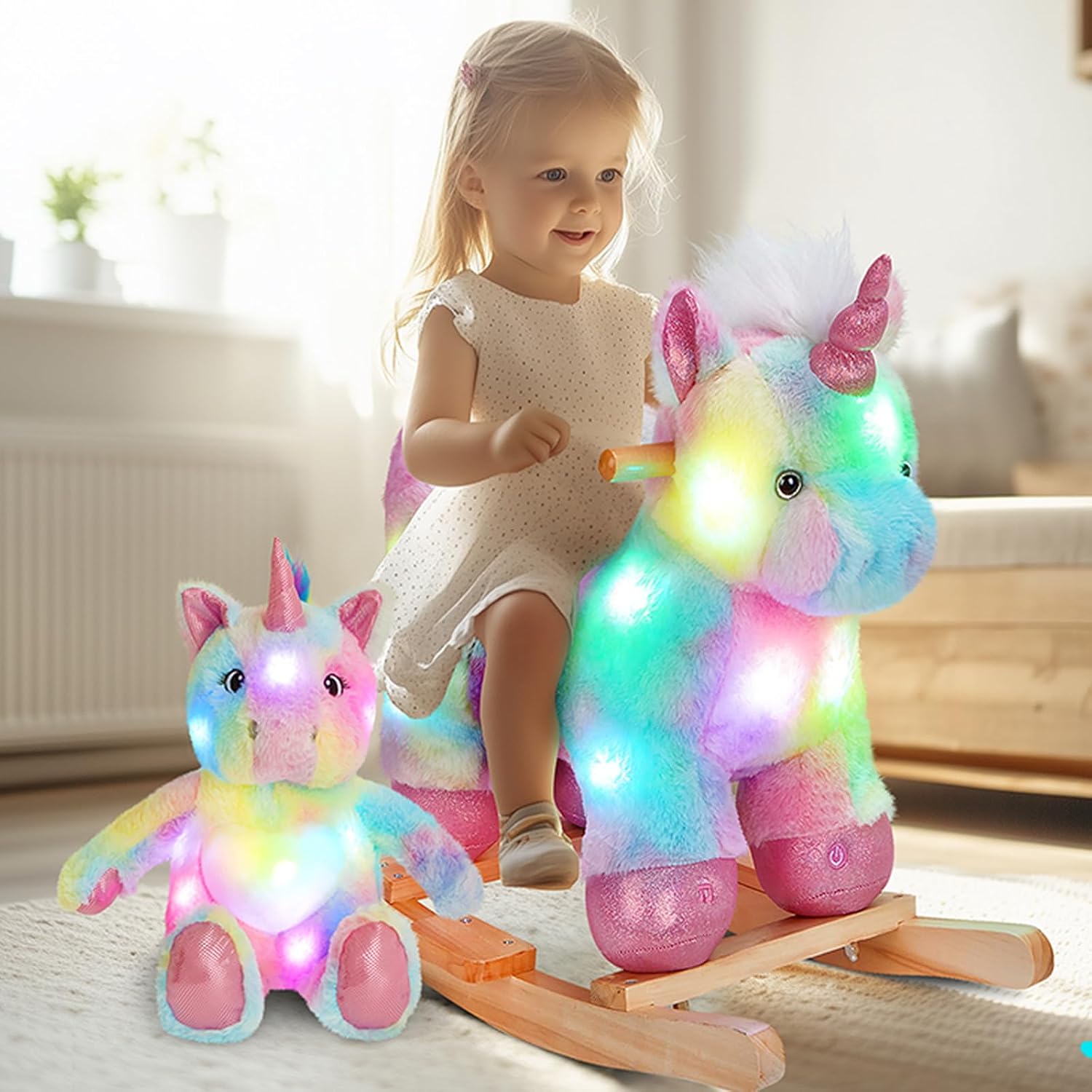 Glow Guards Rainbow Unicorn Rocking Horse with Chair Muical Light up Unicorn Stuffed Animal for Ages 1-3 Toddlers Kids Babies Ride Toy Birthday Christmas