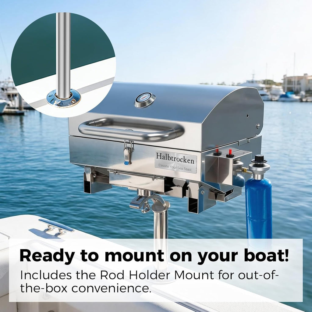 Halbtrocken 304 Stainless Steel Marine Gas Grill with Rod Holder Mount & Cover - 200 sq. in. Cooking Area, 12,000 BTU Propane Boat Grill - Perfect Compact Grill for Boating, Tailgating and Camping