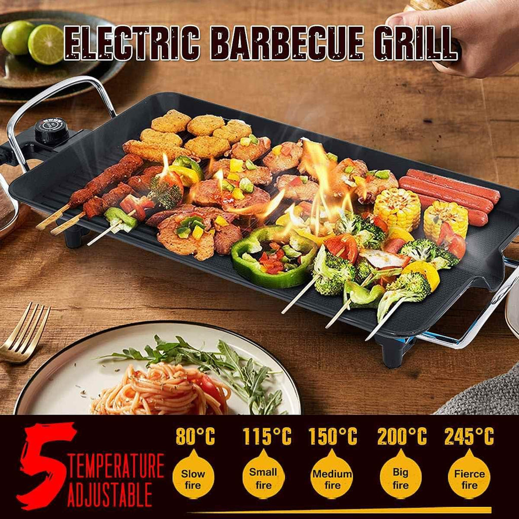 Portable Table BBQ Grilling Adjustable Temperature Control, with Barbecue Clip, Oil Brush Smoke Free Electric Barbecue Grill Drip Tray