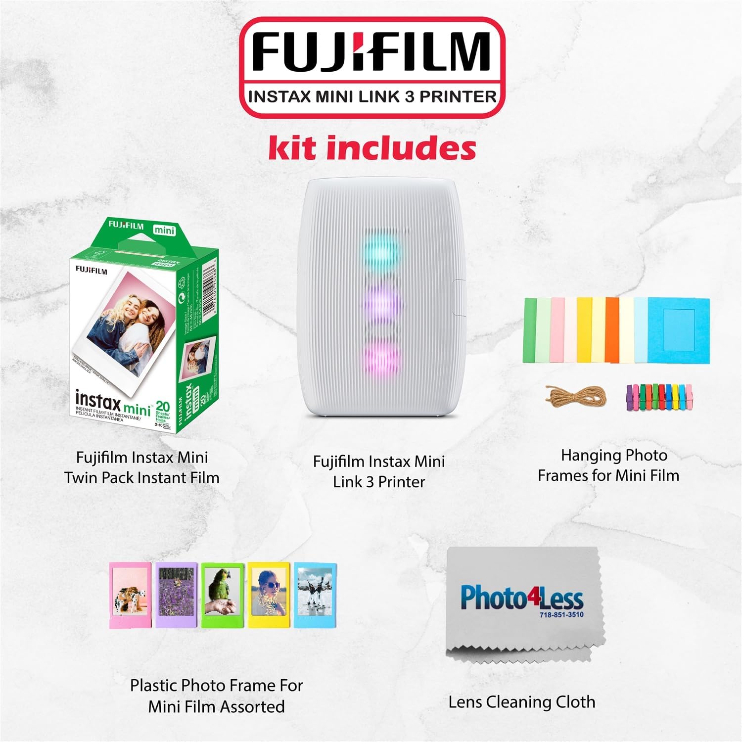 FUJIFILM INSTAX Mini Link 3 Smartphone Printer Bundle with Fujifilm Instax Mini Film (20 Sheets), Hanging Photo Frames, Table top Photo Frame for Mini Film (Clay White)