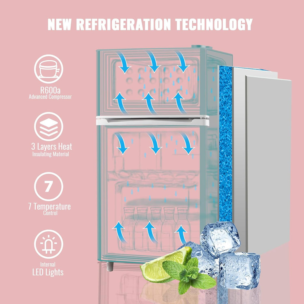 WANAI 3.5 Cu.ft Retro Mini Fridge with Freezer Small Refrigerators Dual Doors & Handles White Freestanding Classic Refrigerator Removable Glass Shelves Adjustable Thermostat for Home Office Dorm RV