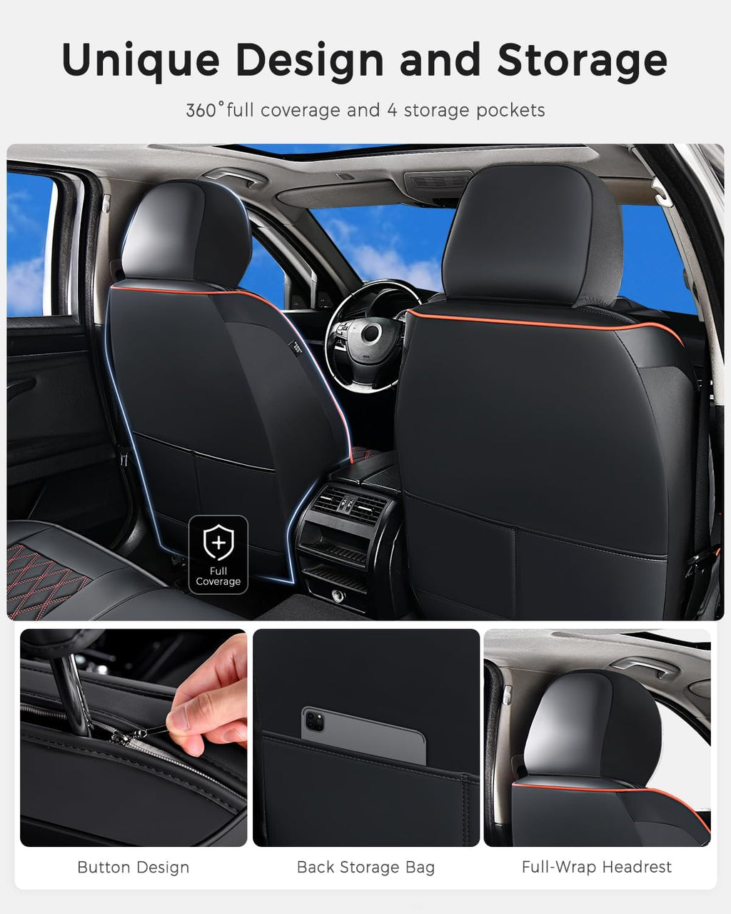 Huidasource Seat Covers, Nappa Leather Car Seat Covers, Velcro Adjustable, Compatible with Airbags, Child Seat, Seat Belts, Fit for Most Cars, Vans, Trucks, SUVs (Full Set/Black&Red)
