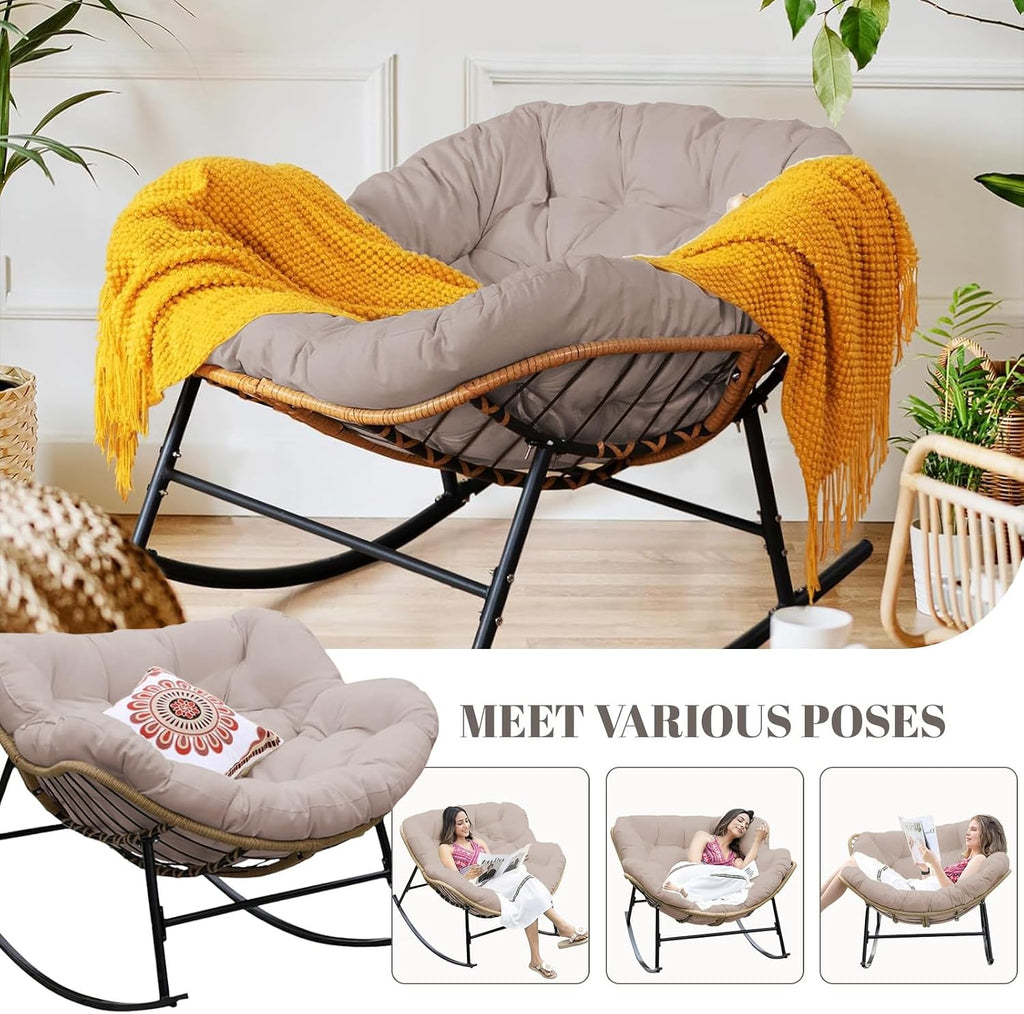 Thickened Waterproof Papasan Rocking Chair Cushion, 6.3'' Patio Egg Chair Pad with Ties, Outdoor/Indoor Rattan Hammock Cushions for Porch, Garden, Balcony(Only Cushion no Chair) (Khaki)