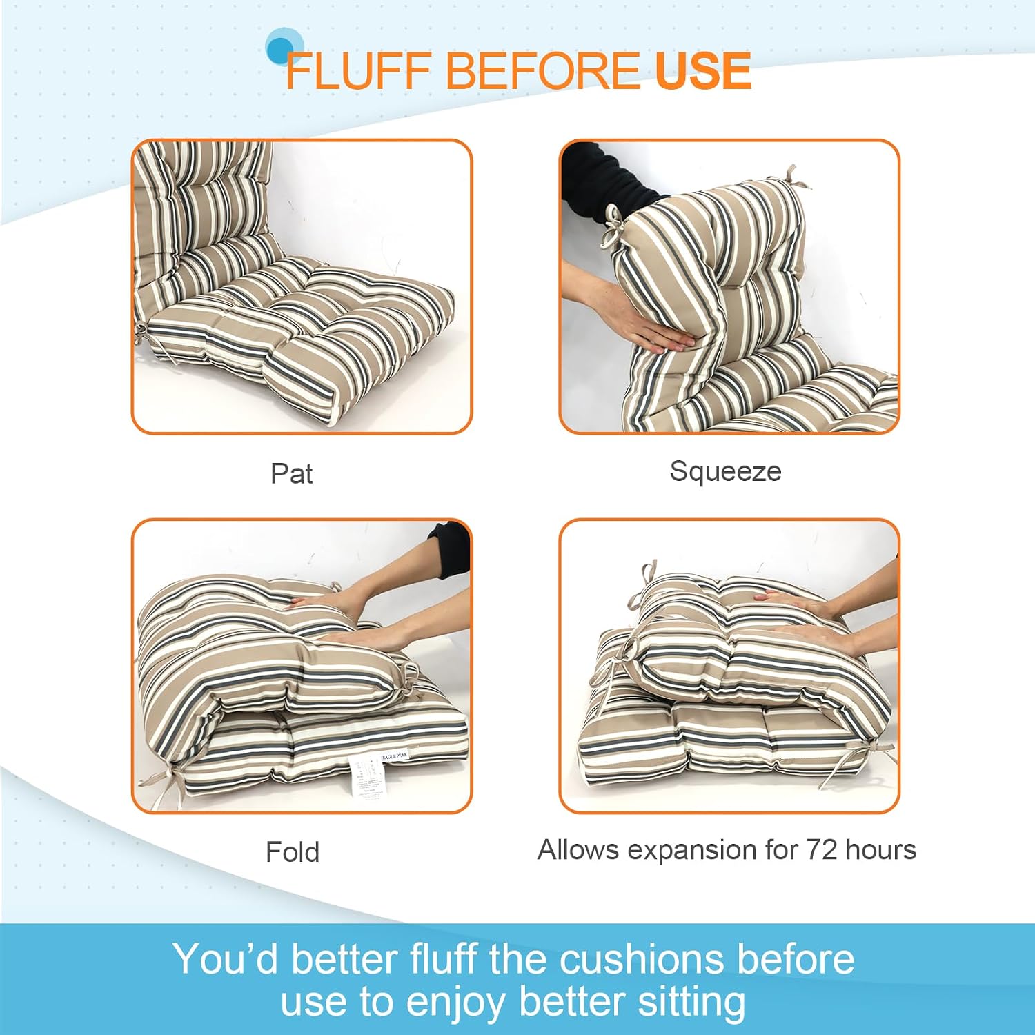EAGLE PEAK Tufted Outdoor/Indoor Seat/Back Chair Cushions, Set of 4, 42'' x 21'', Beige Stripe