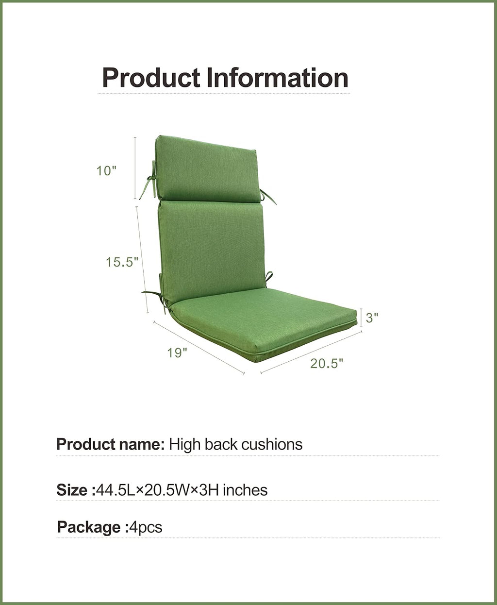Indoor Outdoor High Back Rocking Chair Cushions Replacement Patio Seat Cushion Fade Resistance, Set of 4 (Olefin Deep Green)