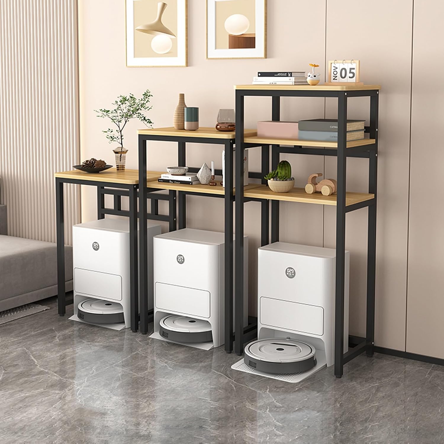 HARELA Sweeping Robot Storage Rack, Robot Vacuum Stand Cabinet with Open Base Self-Emptying Sweeper Machine Cabinet, Side Table for Living Room, Home Office(Black C,50x80cm/19.7x31.5in)