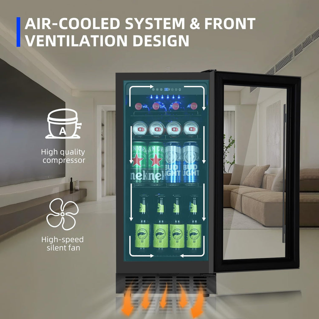 ORYMUS 15 Inch Beverage Refrigerator, 130 Cans Drink Fridge with Glass Door & Lock, Under Counter or Freestanding Beverage Cooler for Soda, Beer & Water, Upgraded Quiet Compressor, Memory Temp, Black