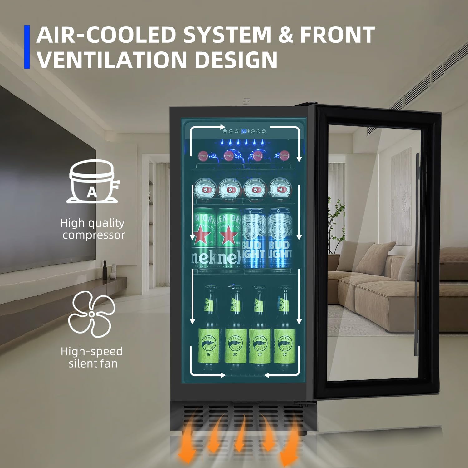 ORYMUS 15 Inch Beverage Refrigerator, 130 Cans Drink Fridge with Glass Door & Lock, Under Counter or Freestanding Beverage Cooler for Soda, Beer & Water, Upgraded Quiet Compressor, Memory Temp, Black