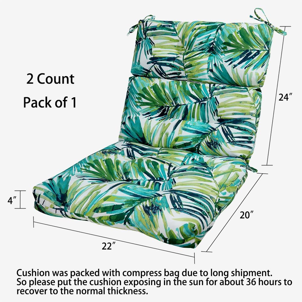 Magpie Fabrics Patio Tufted High Back Chair Cushion 2 Count, Waterproof Fade Resistant Indoor Outdoor Deep Seating Rocking Chair Swing Seat/Back Cushions - Green Palm Leaves