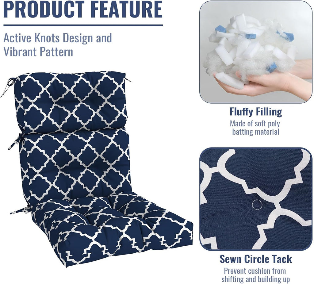 Outdoor High Back Patio Chair Cushions, Tufted Rocking Chair Cushions, Adirondack Cushions for Garden Porch Home Office Chairs Use, 44' x 22' x 4', 2 Pack, Geometry Navy