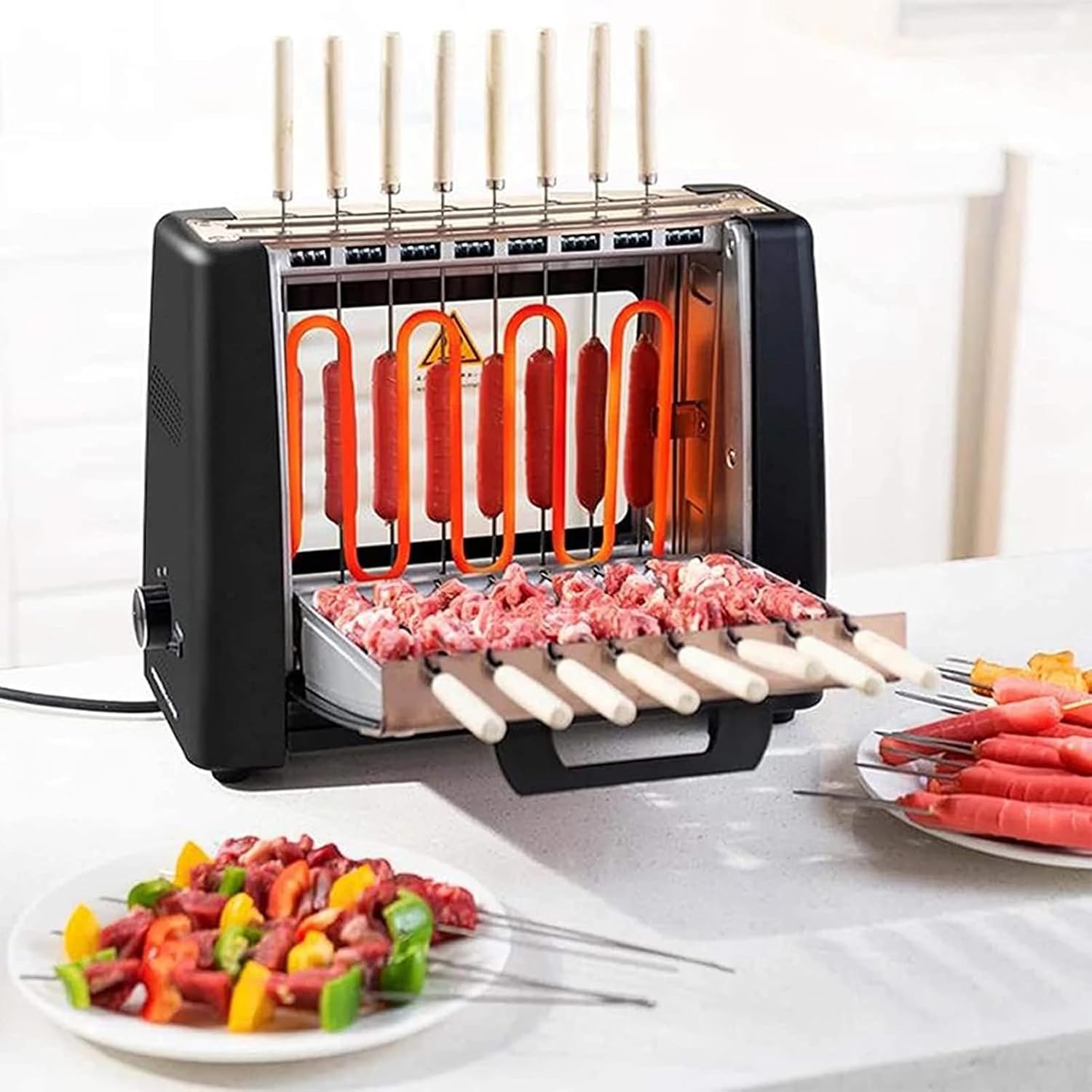 Electric Barbecue Grill, 360 ° Automatic Rotating Lamb Skewers Vertical Grill with 2 Grease Brush, 2 Stage Temperature Control and 360° Automatic Rotation for Party